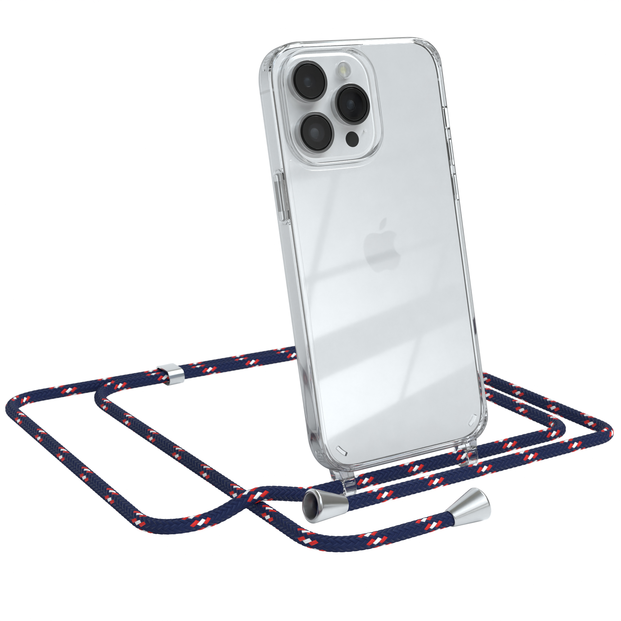 Transparente Handyhülle mit marineblauem, rotem und weißem Lanyard. Apple-Logo.