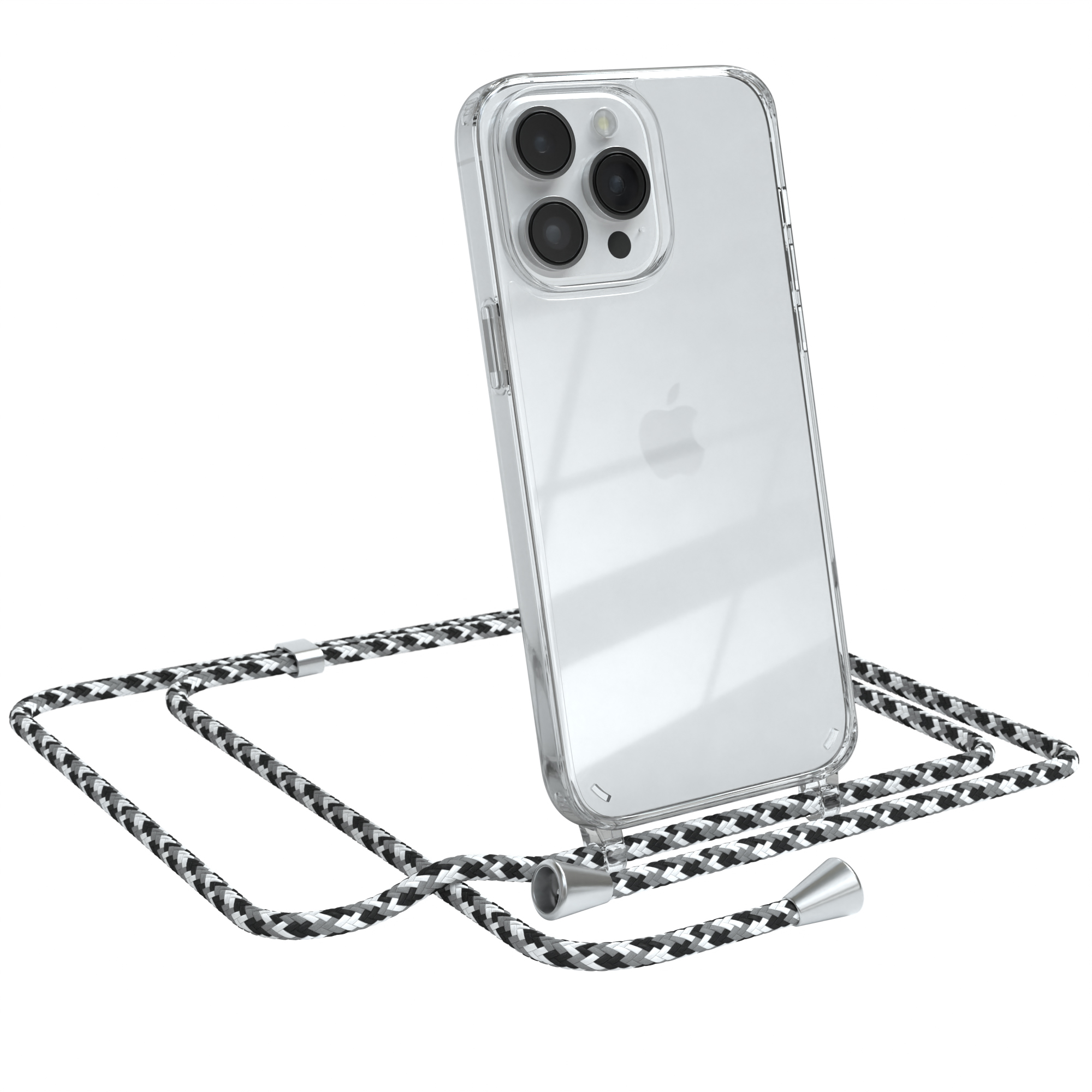 Transparente Handyhülle mit schwarz-weißem Schlüsselband. Das Telefon ist angewinkelt, die Hülle ist transparent.