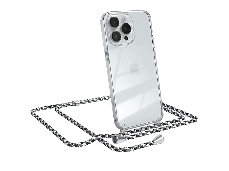 EAZY CASE Clear Cover mit Umhängeband, Umhängetasche, Apple, iPhone 14 Pro Max, Schwarz Camouflage / Clips Silber