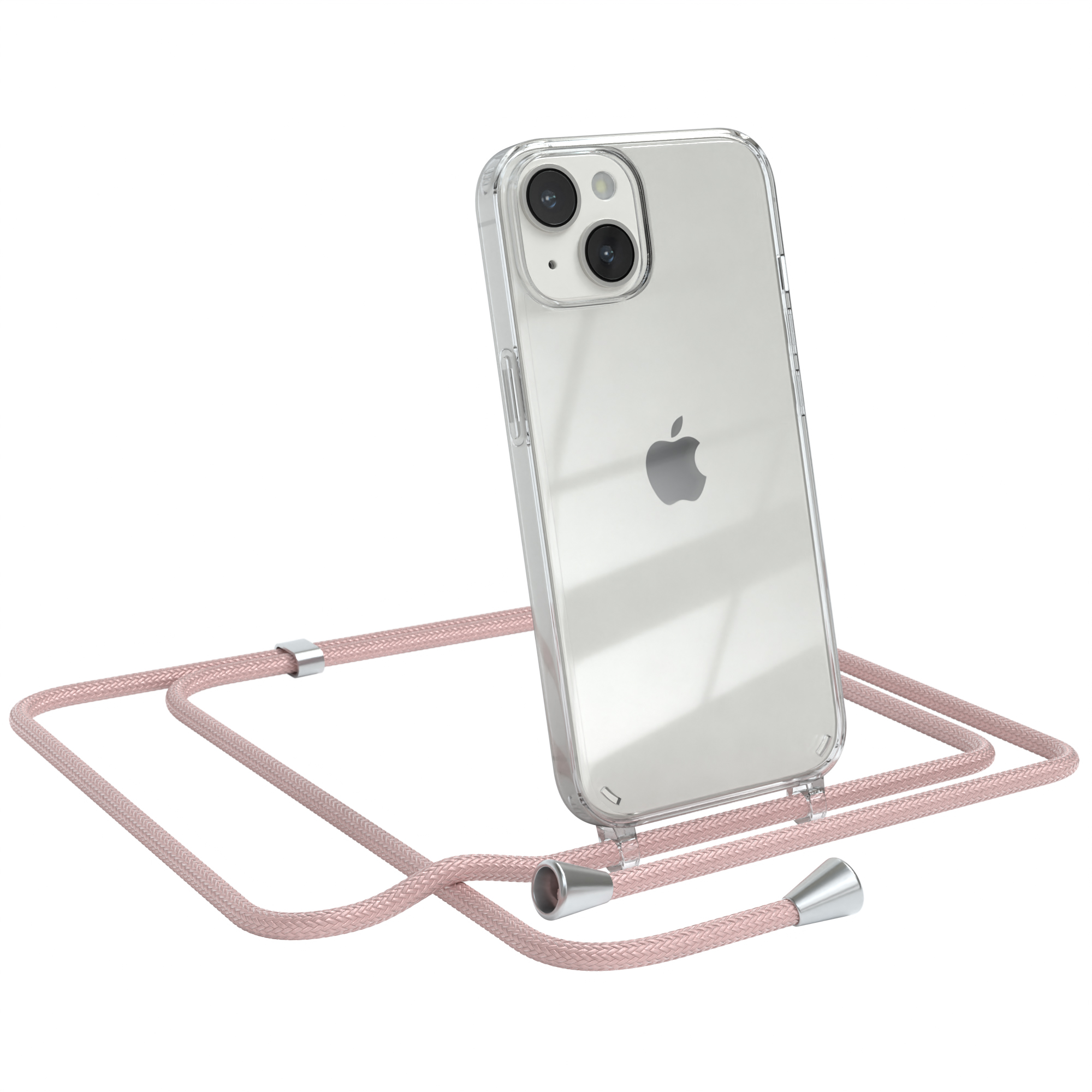 Transparente iPhone-Hülle mit pinkfarbenem Band. Telefon zeigt zur Kamera. Weißer Hintergrund.