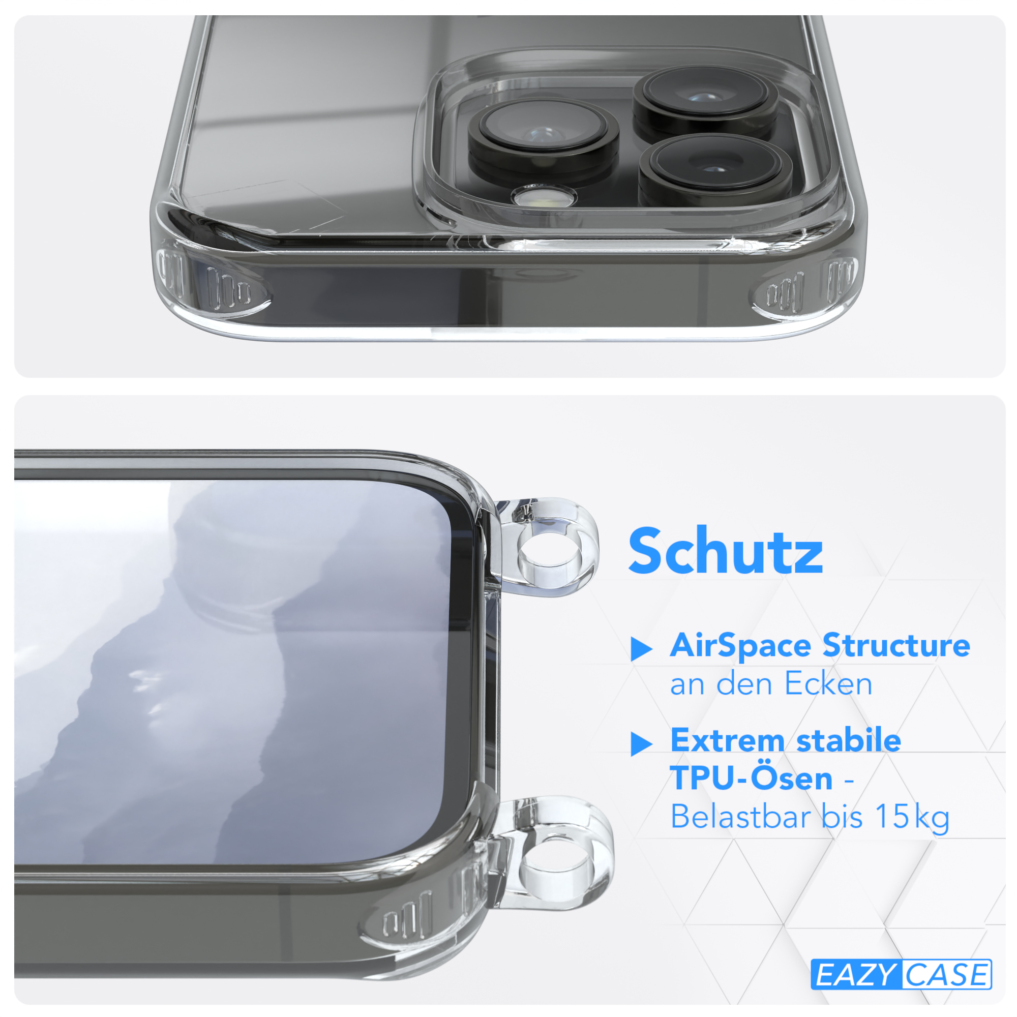 Transparente Handyhülle mit Details. Text: AirSpace Structure und TPU-Ösen, bis 15 kg belastbar.