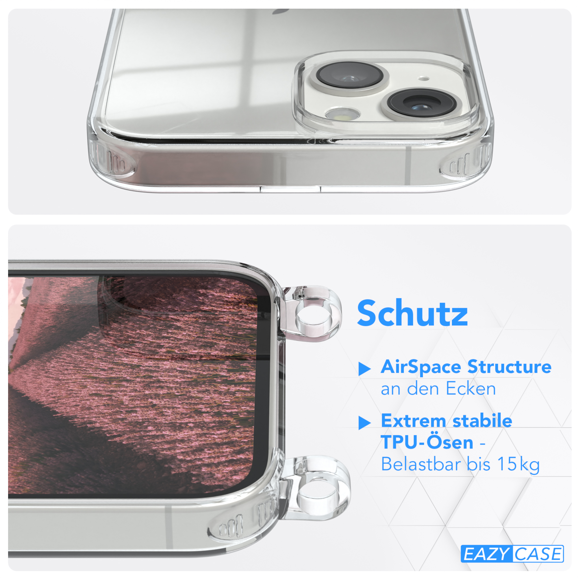 14, Clear Clips Apple, Umhängetasche, Umhängeband, CASE Silber / iPhone mit Rosé Cover EAZY