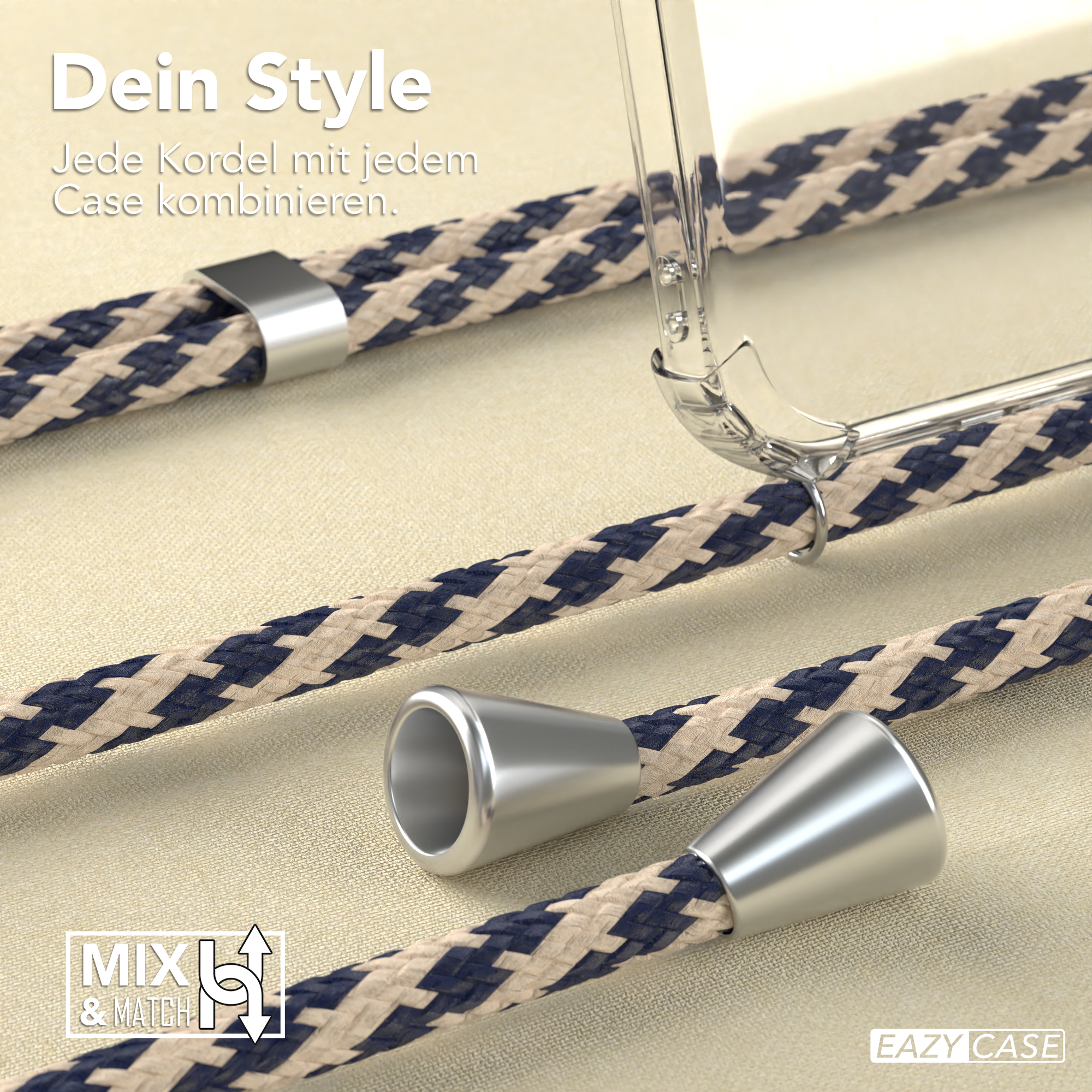 Nahaufnahme einer Handyhülle mit geflochtener Kordel, Metalldetails und Text über Stil.