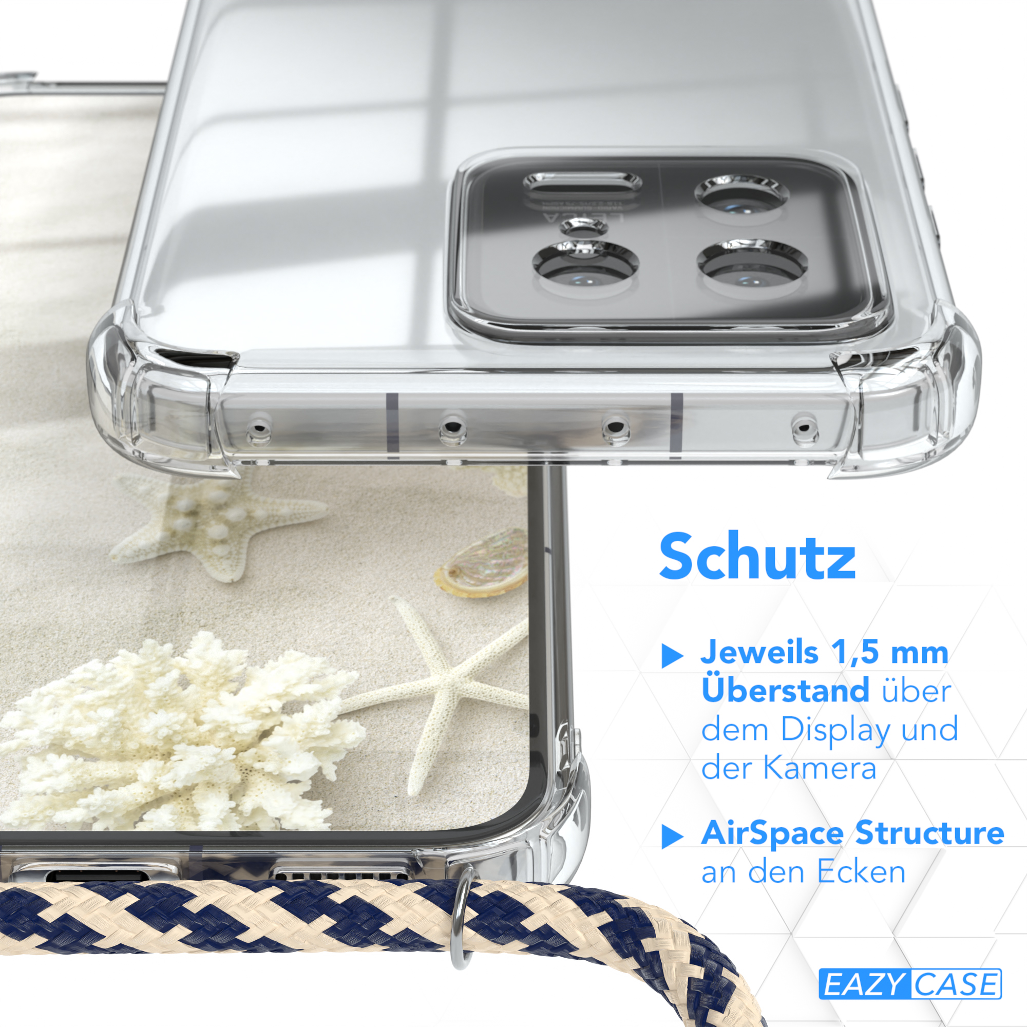Transparente Handyhülle mit Sandstrand-Hintergrund und Seesternen.