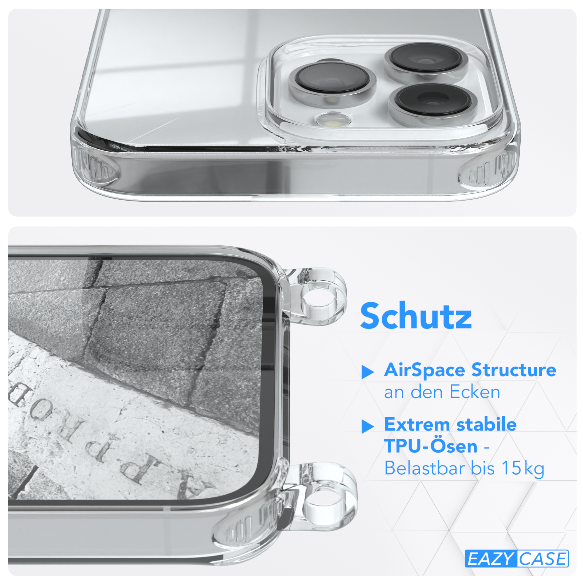 Camouflage Apple, EAZY Umhängeband, Schwarz CASE iPhone Cover Clear Umhängetasche, mit Clips 14 Pro Silber / Max,