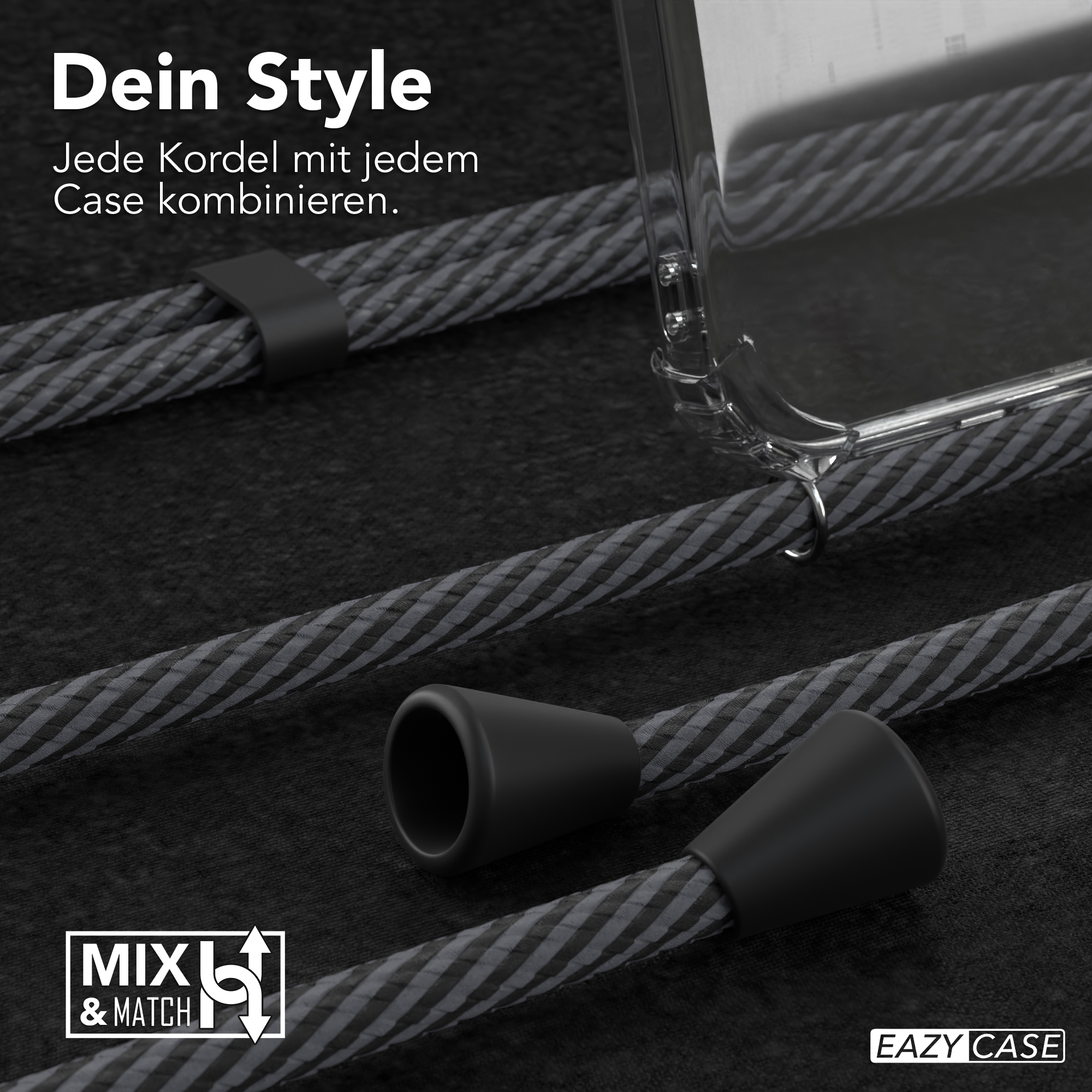 Nahaufnahme von Kordeln, einer Handyhülle mit durchsichtigem Rücken und dem Text Dein Style.