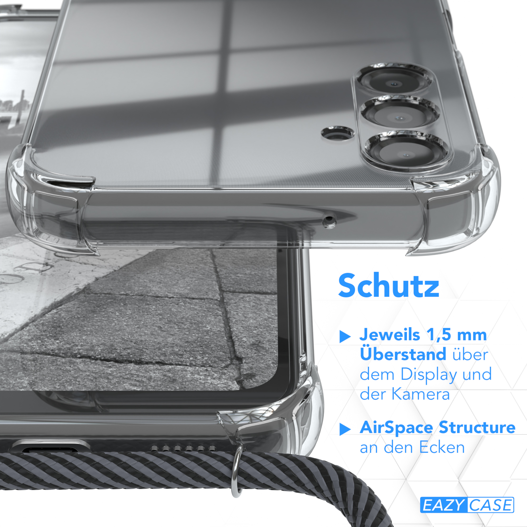 Eine transparente Handyhülle über einem Telefon, mit Text und einem schwarz-grauen Riemen.