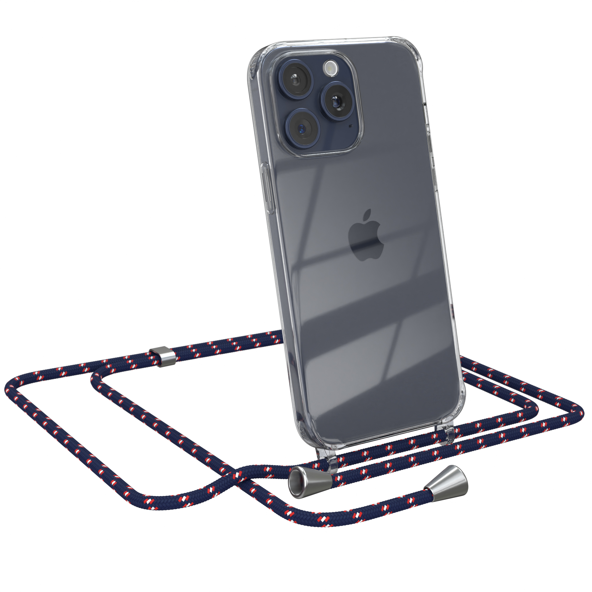 Klare Handyhülle mit Lanyard. Das Lanyard ist blau mit weißen und roten Akzenten.