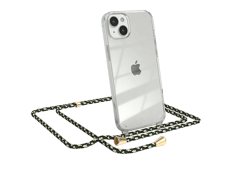 EAZY CASE Clear Cover mit Umhängeband, Umhängetasche, Apple, iPhone 14 Plus, Grün Camouflage / Clips Gold