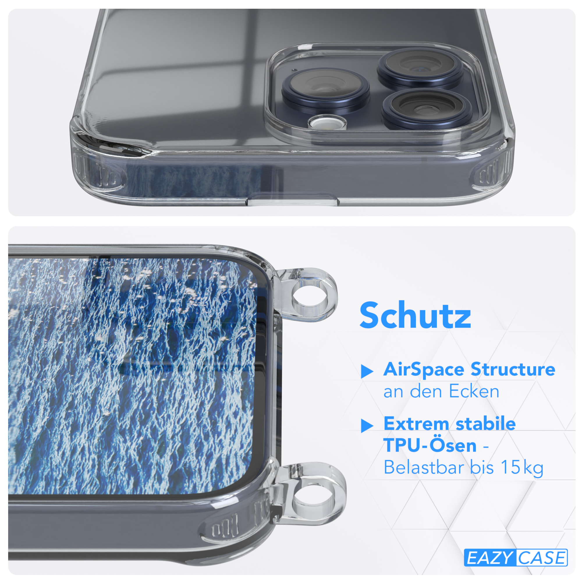 Transparente Handyhülle, Nahaufnahme des Telefons, Text: Schutz. AirSpace Structure, TPU-Ösen, bis 15kg.