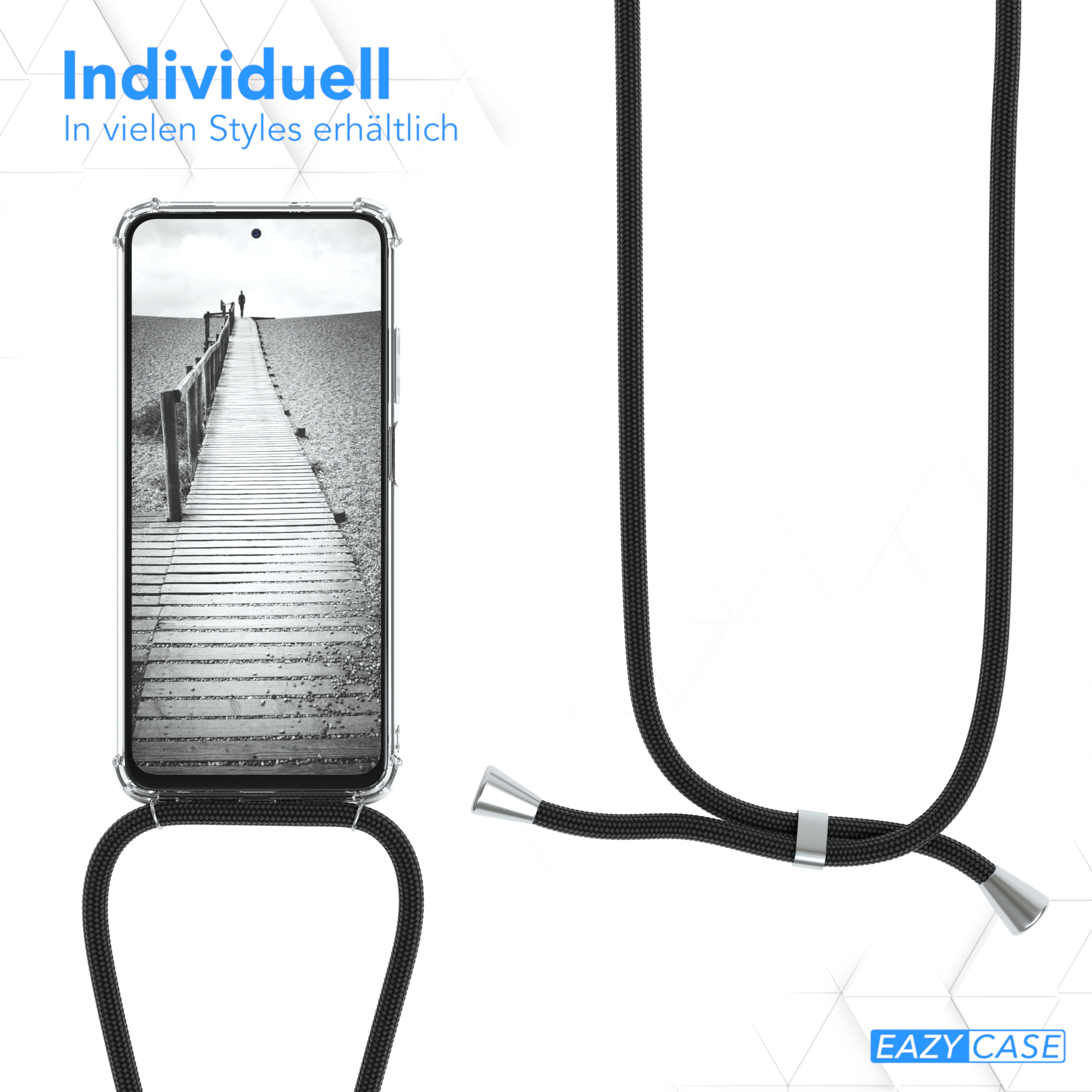 Ein Telefon an einem Umhängeband, das eine Brückenszene zeigt, mit weißem Hintergrund.