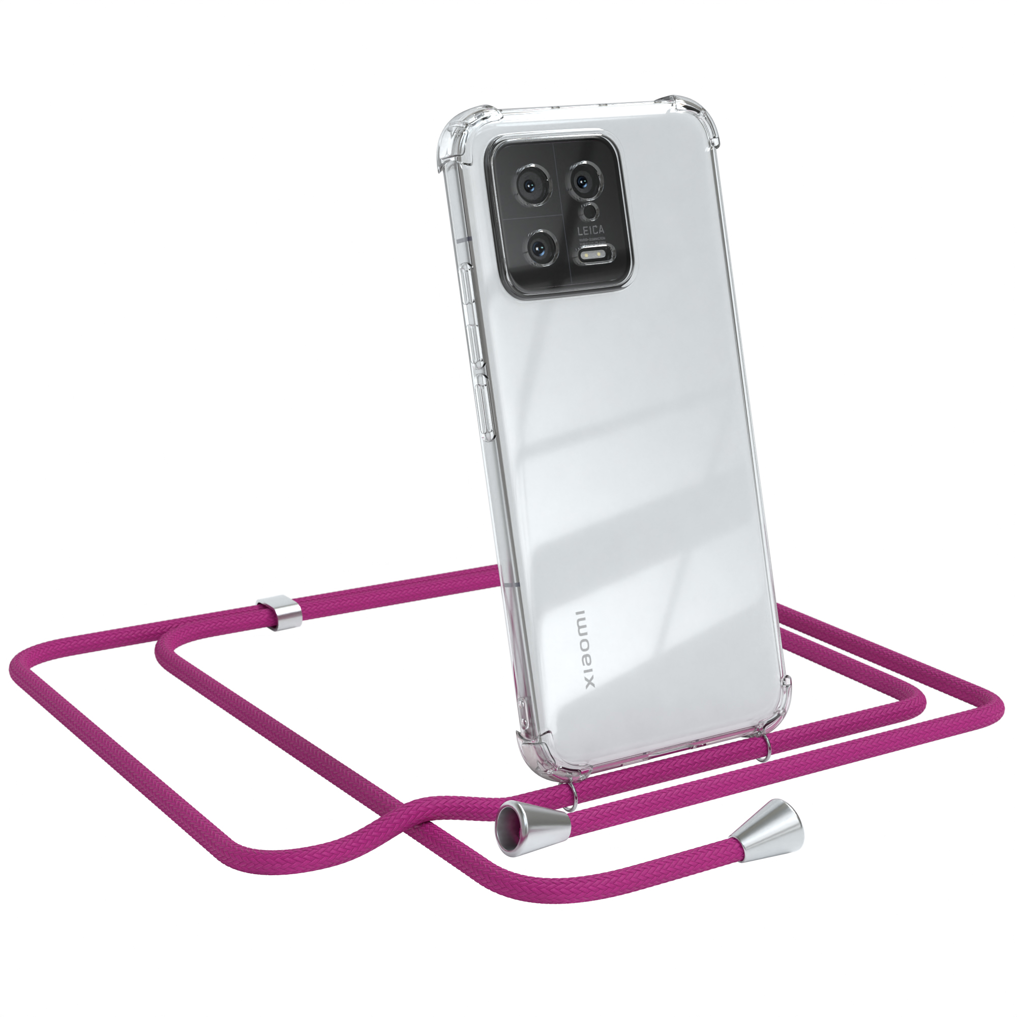 EAZY CASE Clear Cover mit Umhängeband, 13, Clips Pink Silber Umhängetasche, Xiaomi, 