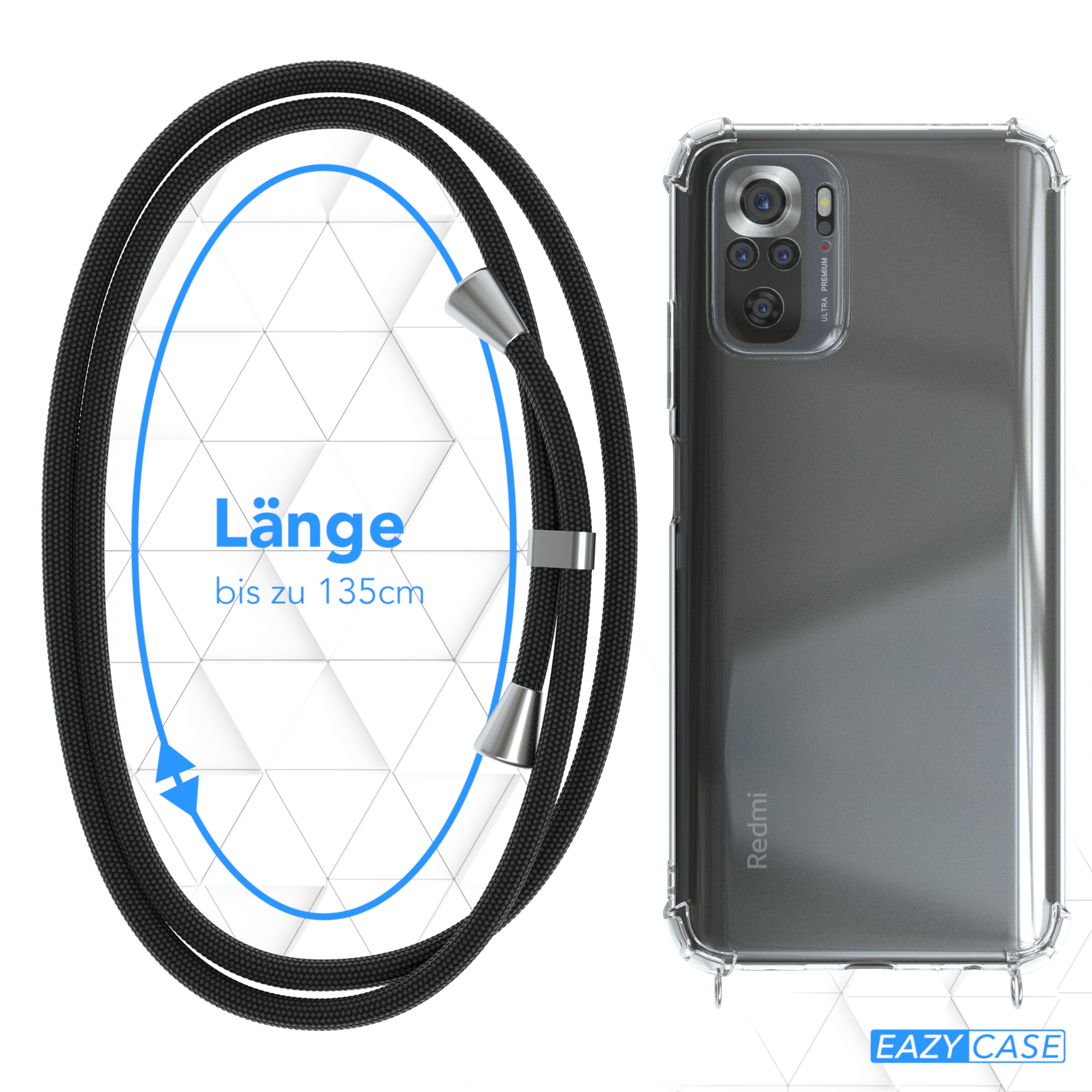 Telefon mit durchsichtiger Hülle, der an einem schwarzen Riemen hängt. Das Telefon befindet sich in der Nähe eines schwarzen Kabels mit silbernen Akzenten.