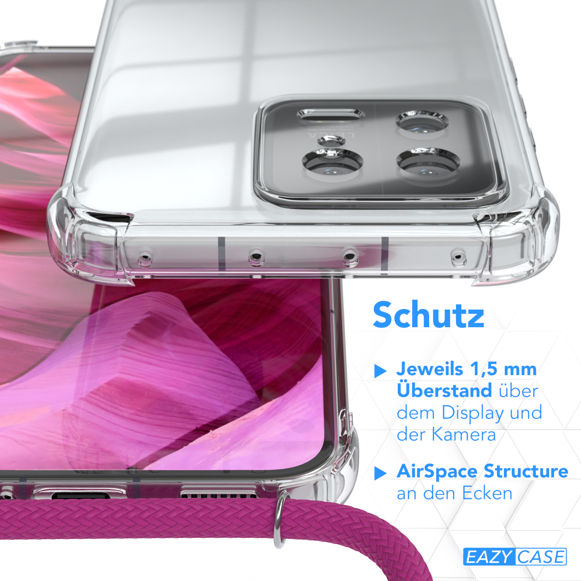 Transparente Handyhülle mit pinkfarbenem Band. Text hebt Schutzmerkmale hervor, inkl. erhöhte Ränder.