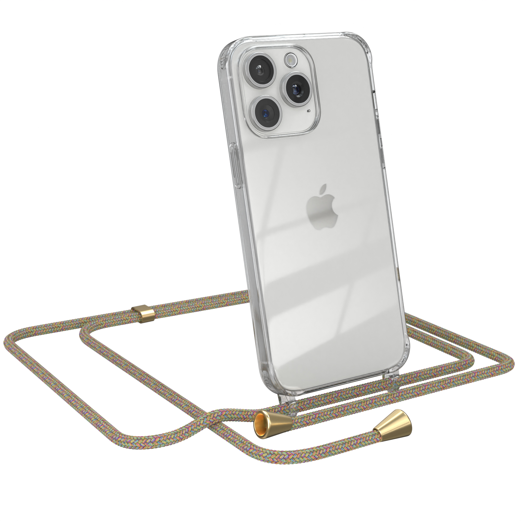 iPhone in einer transparenten Hülle mit farbigem Umhängeband. Weißer Hintergrund.