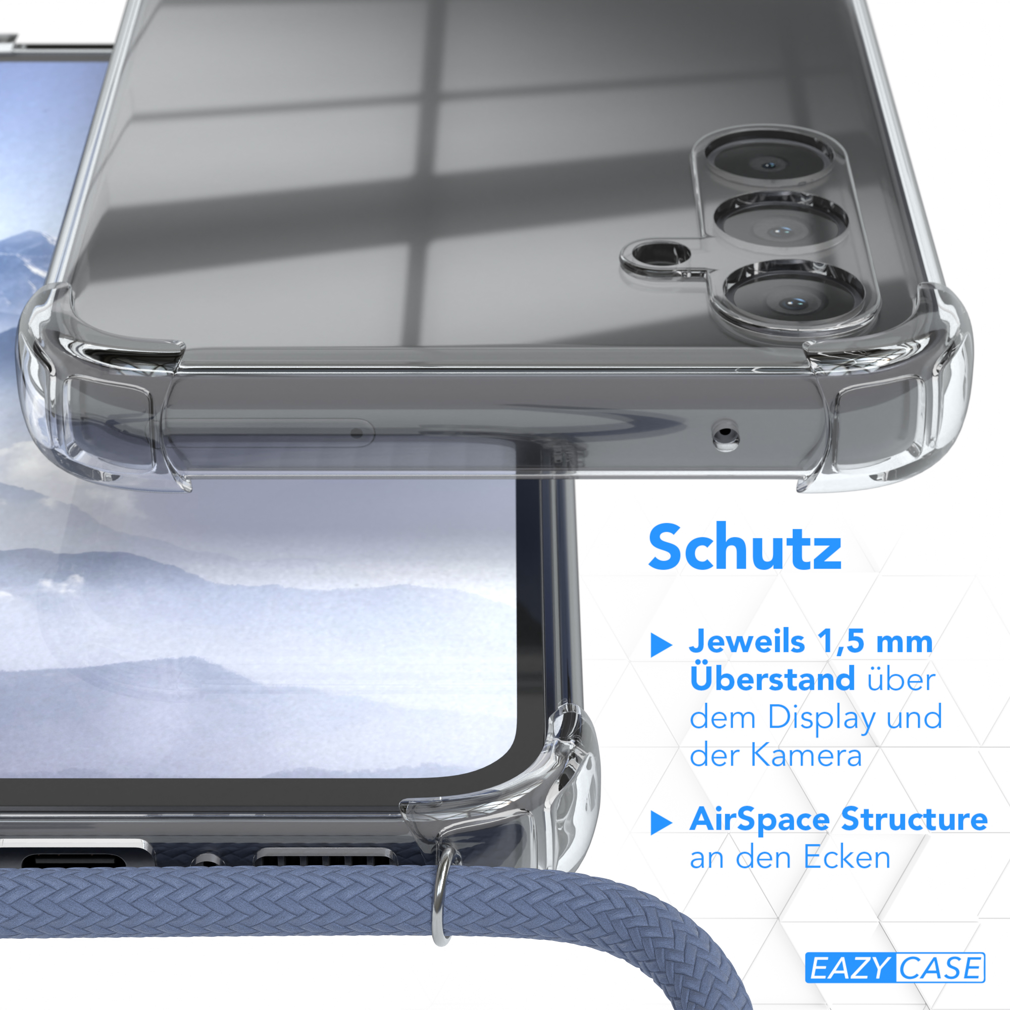 EAZY CASE Clear Cover mit Umhängeband, Blau Umhängetasche, A34, Galaxy Samsung