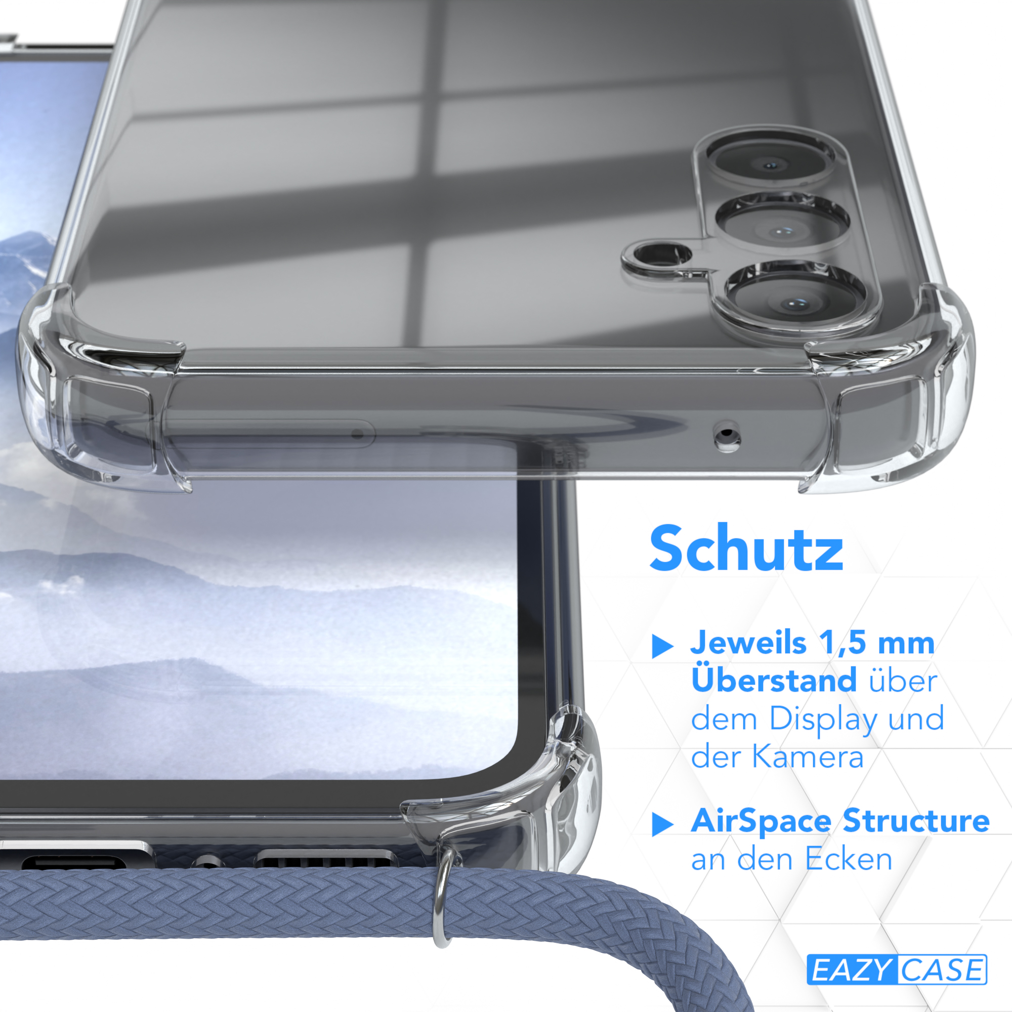 Transparente Handyhülle schützt Telefon, Nahaufnahme mit Text zu Schutzfunktionen.