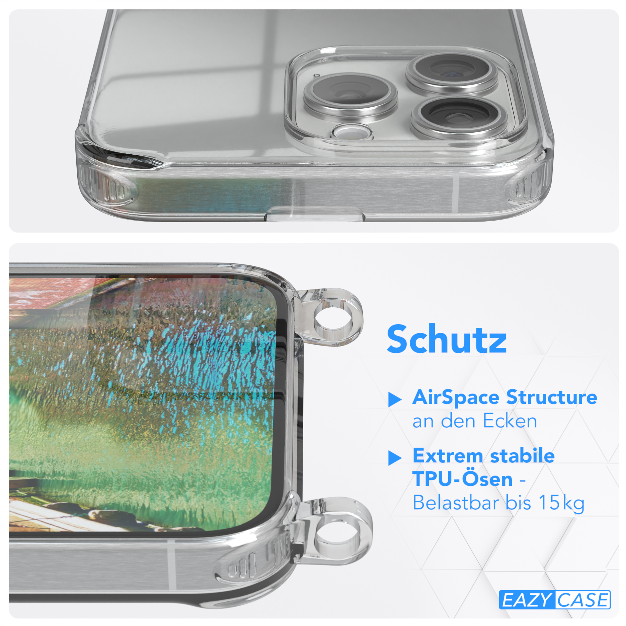Transparente Handyhülle mit Detailansicht. Text: Schutz, AirSpace Structure, TPU-ösen, Belastbar bis 15kg.