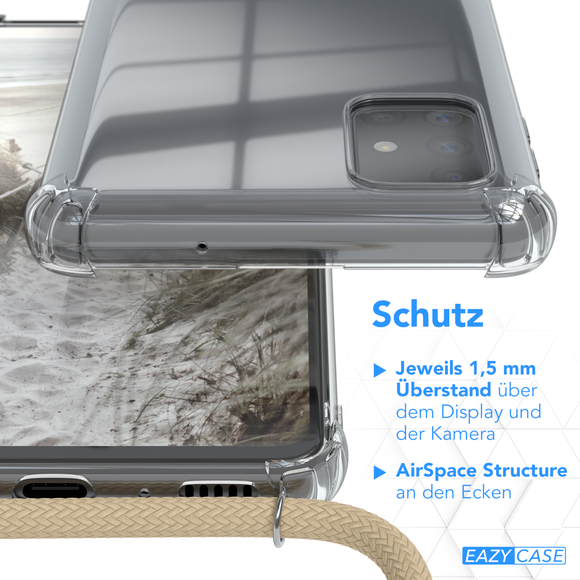 Nahaufnahme einer Handyhülle mit Kordel, Text 'Schutz' sichtbar. Die Kordel ist beige.