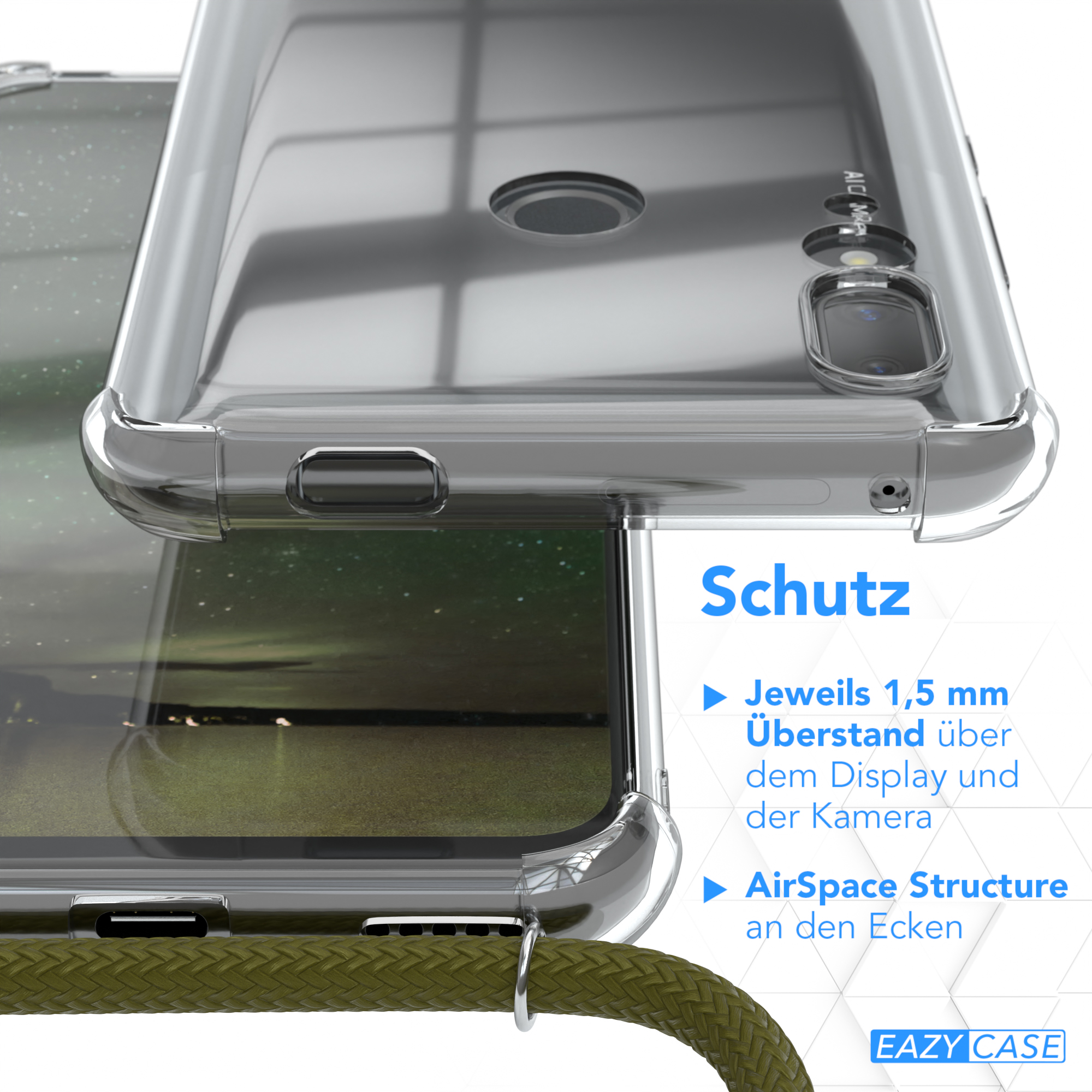 Eine Handyhülle mit Schutzdetails und einer grünen Kordel.