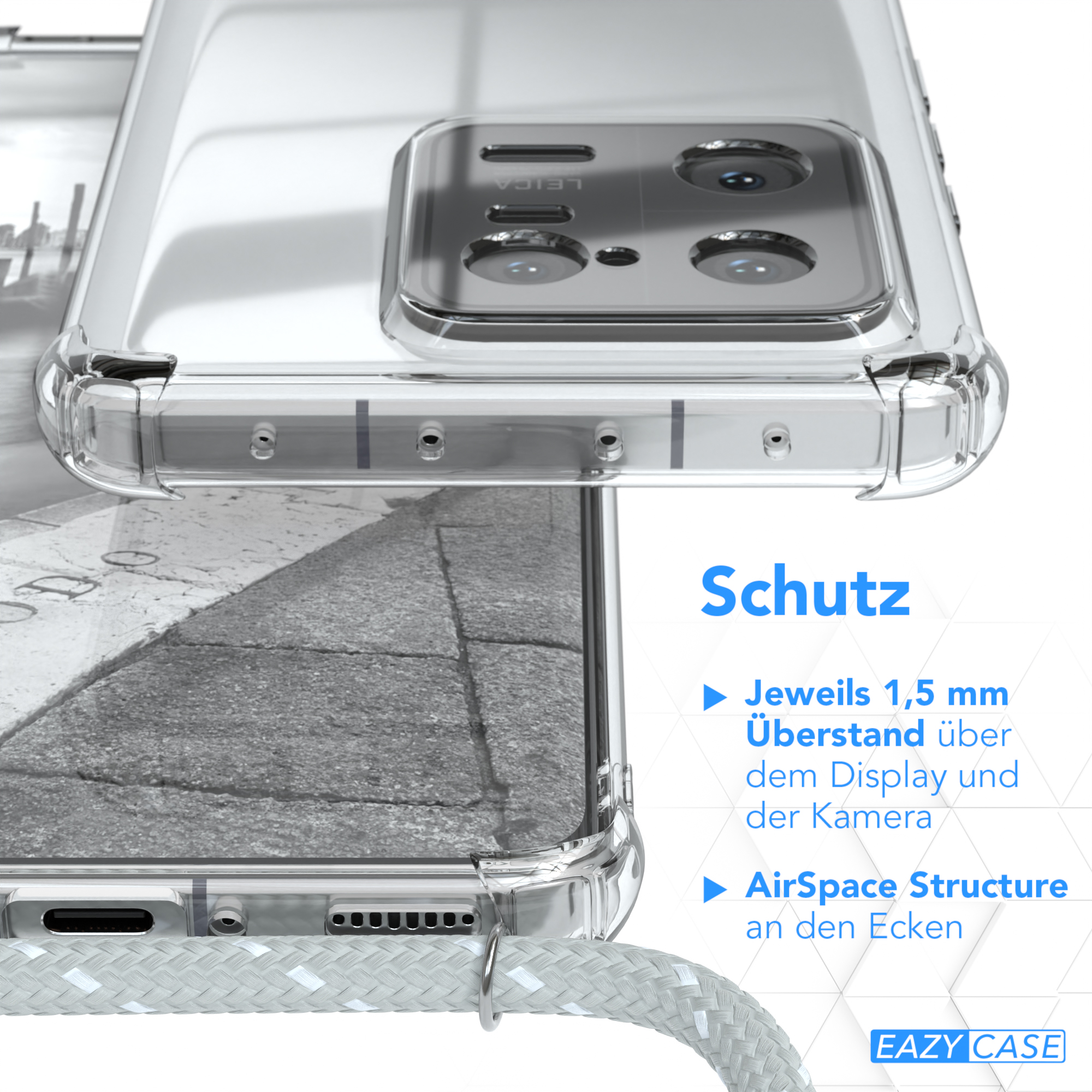 Handyhülle, die das Telefon zeigt. Nahaufnahme der Hülle. Grauer Tisch. Weißer Hintergrund.