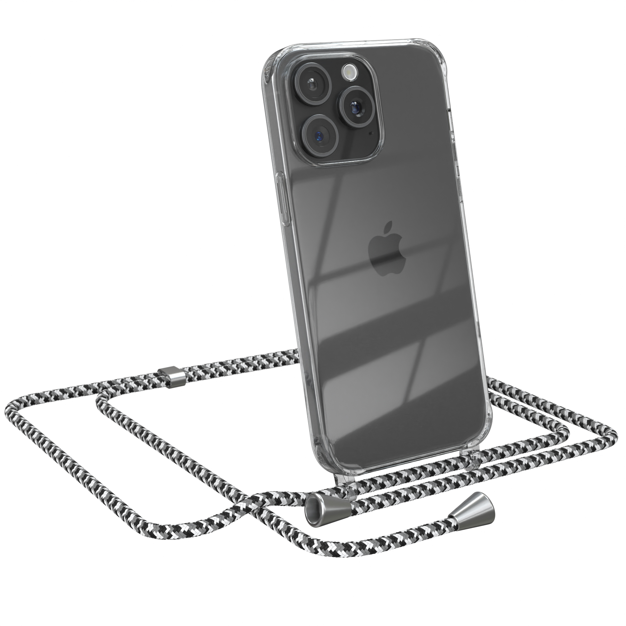 EAZY CASE Clear Cover mit Umhängeband, 15 Schwarz / Max, Silber Apple, Camouflage iPhone Pro Umhängetasche, Clips
