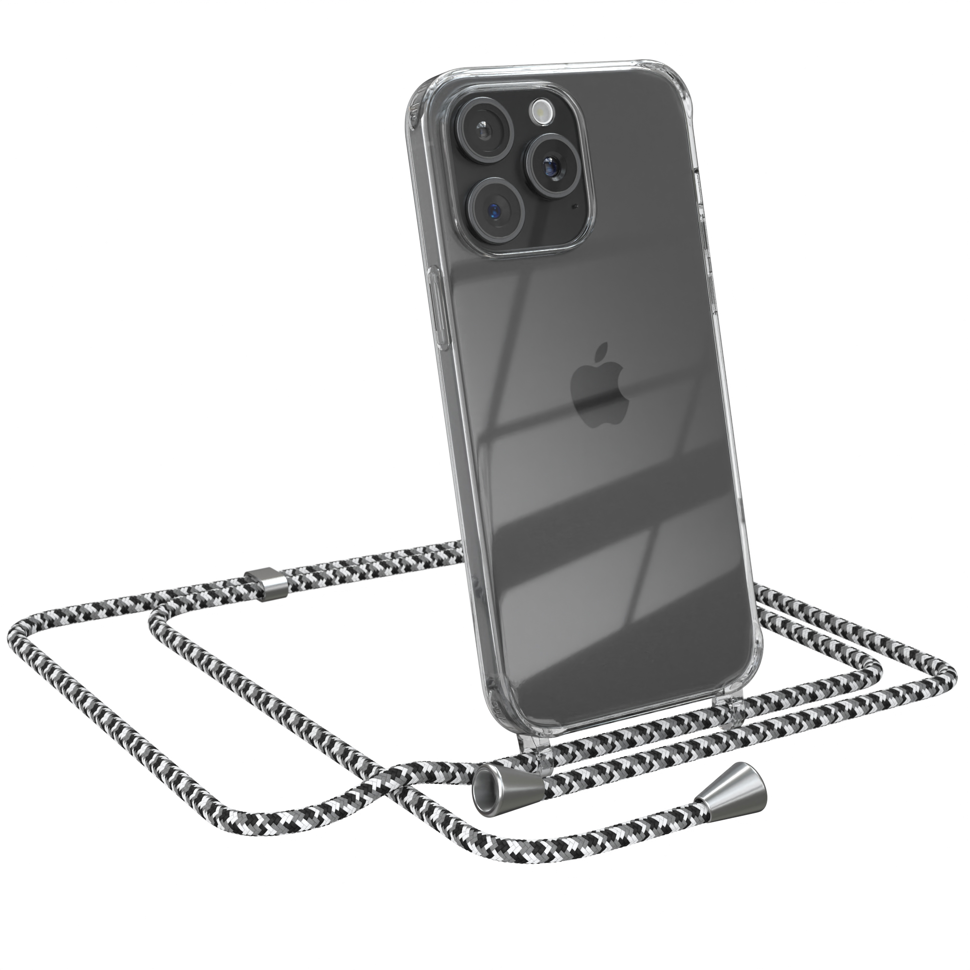 Eine transparente Handyhülle mit einem schwarz-weißen Band an einem Telefon. Das Telefon ist rechts.