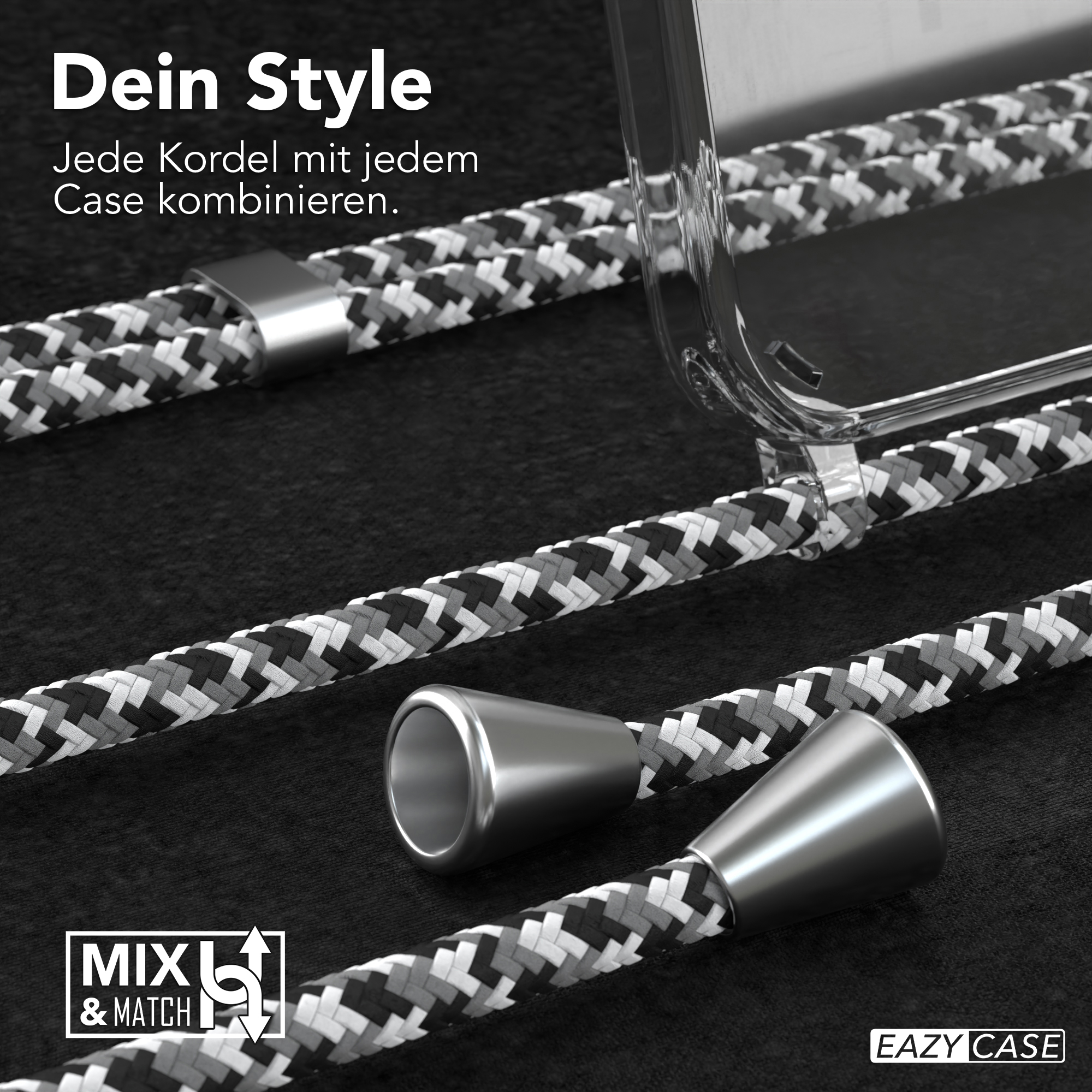 Nahaufnahme von Handygurten, mit einer transparenten Handyhülle und Metalldetails. Dunkler Hintergrund mit Markenlogo.