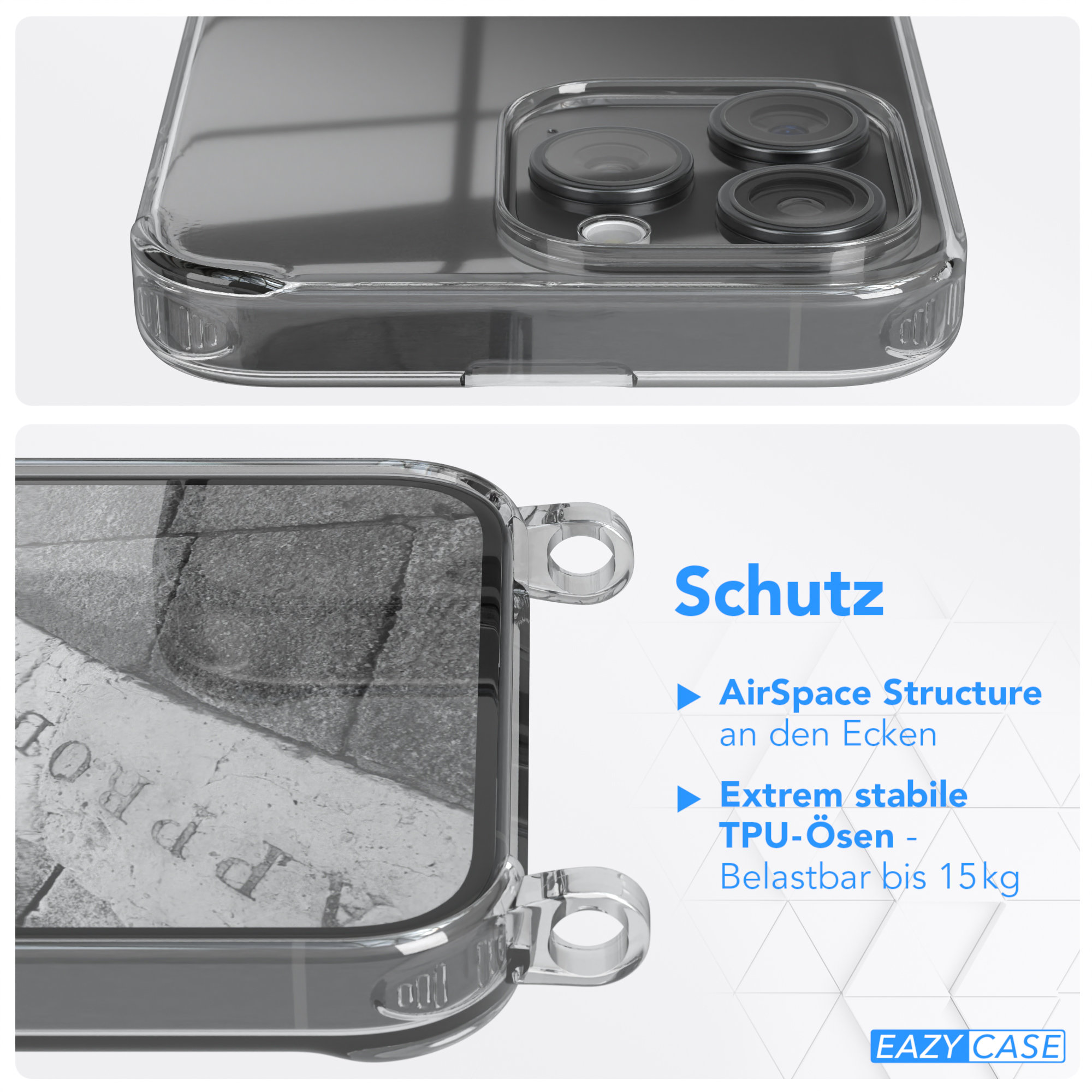 EAZY CASE Clear Umhängeband, / Camouflage iPhone Silber Max, Umhängetasche, Pro Clips mit 15 Schwarz Apple, Cover
