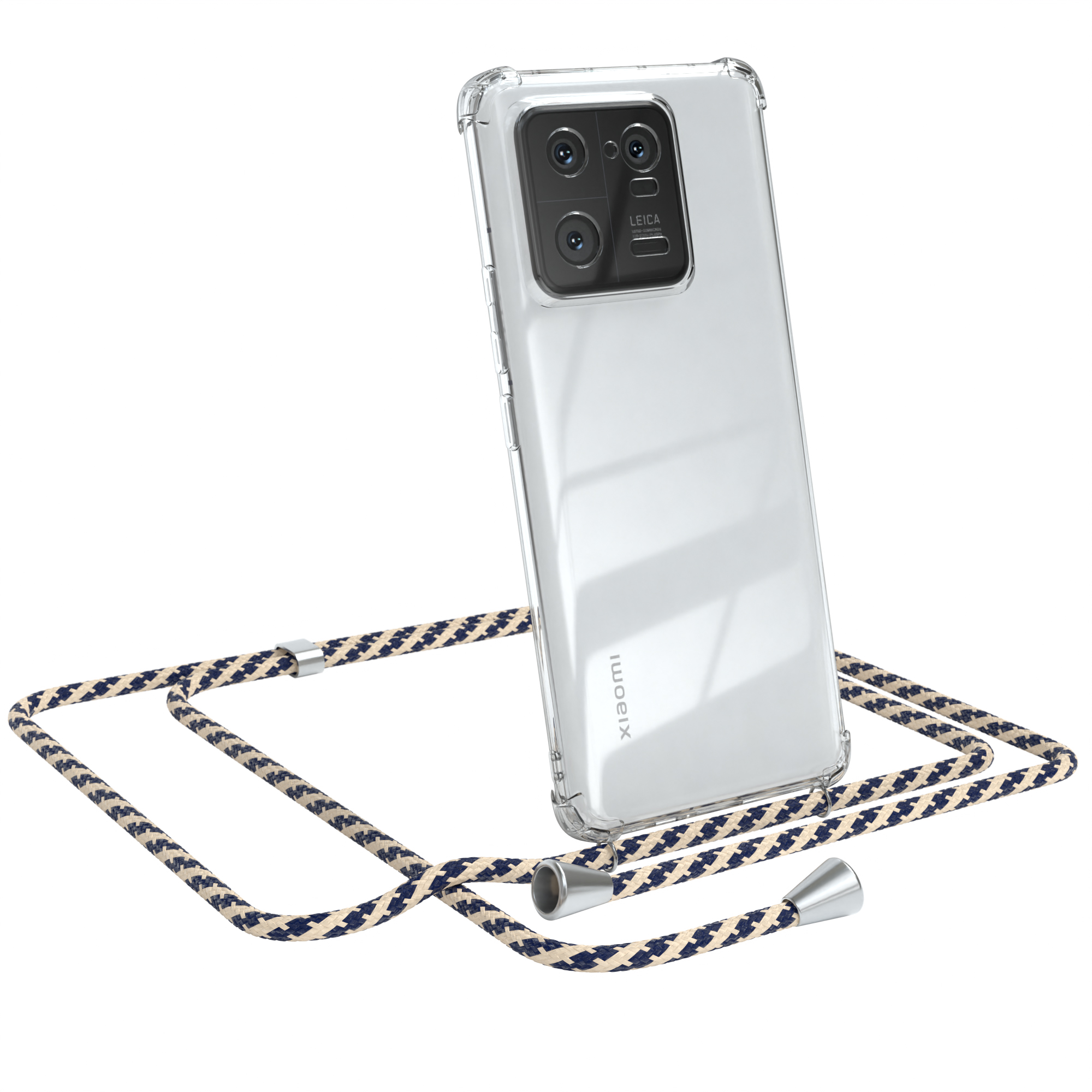 Transparente Handyhülle mit einem Lanyard, das an einem schwarzen Smartphone befestigt ist.
