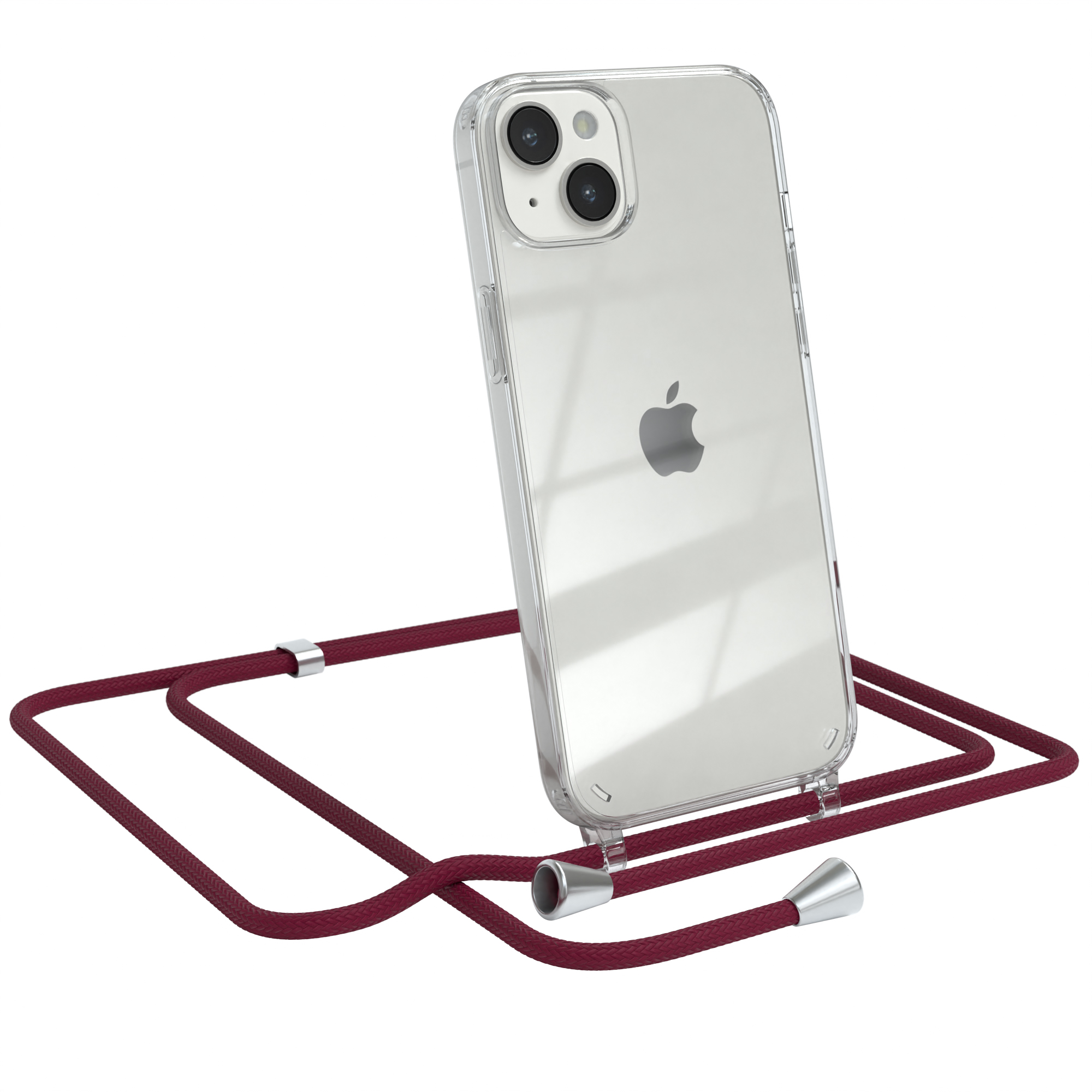 Transparente Handyhülle mit weinrotem Schlüsselband, silbernen Akzenten. iPhone mit Apfel-Logo.