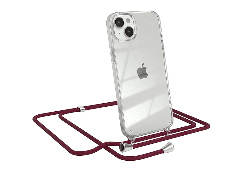 EAZY CASE Clear Cover mit Umhängeband, Umhängetasche, Apple, iPhone 14 Plus, Bordeaux Rot / Clips Silber