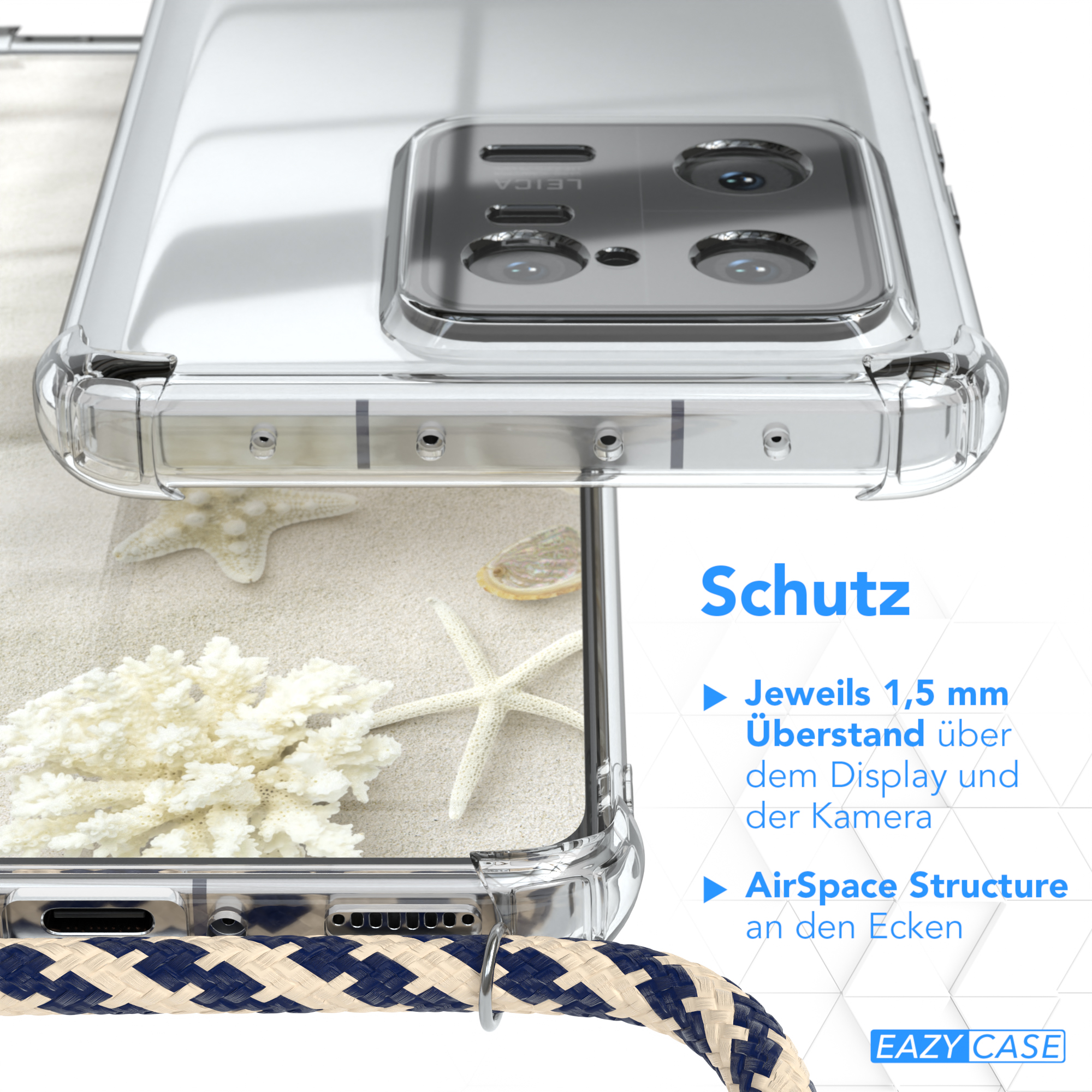 Transparente Handyhülle mit weiß-blauem Kabel, Seestern, Koralle, Sandhintergrund. Text über Schutz.