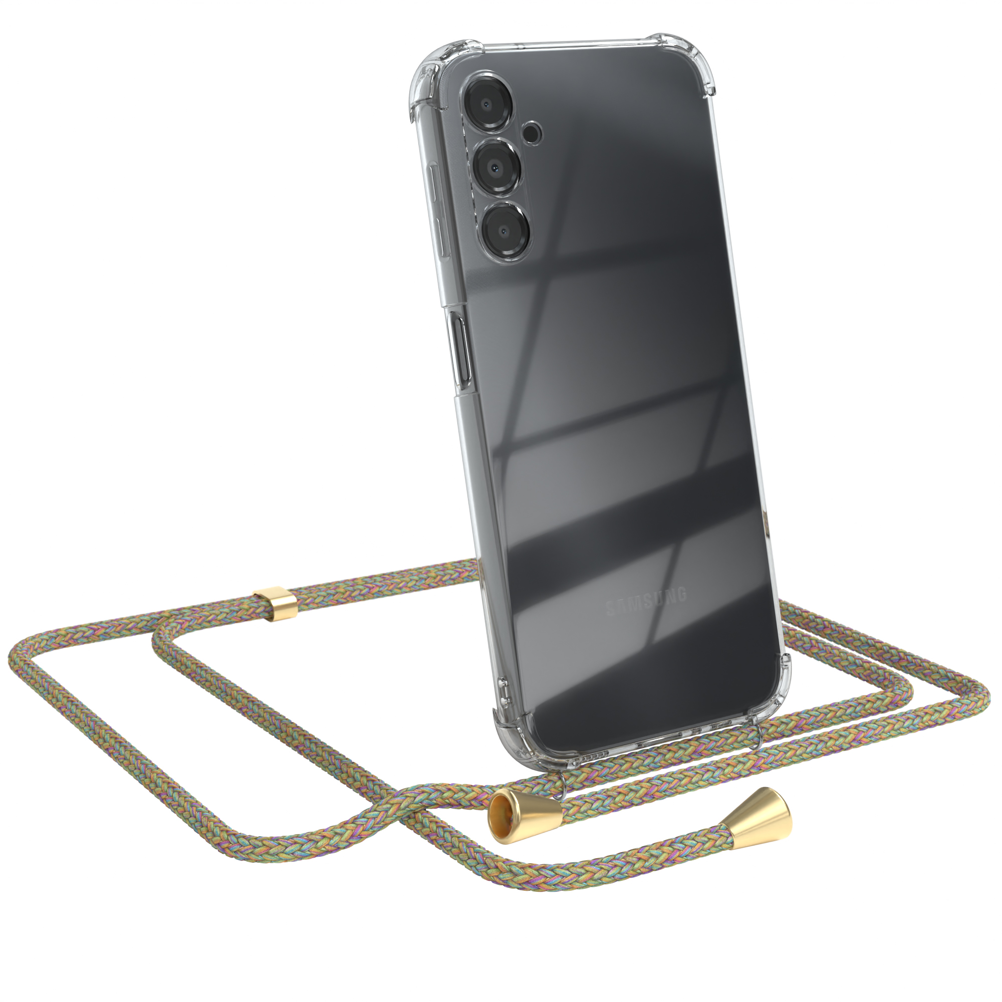 Transparente Handyhülle mit mehrfarbigem Umhängeband. Das Telefon hat drei Kameras, es ist ein Samsung.
