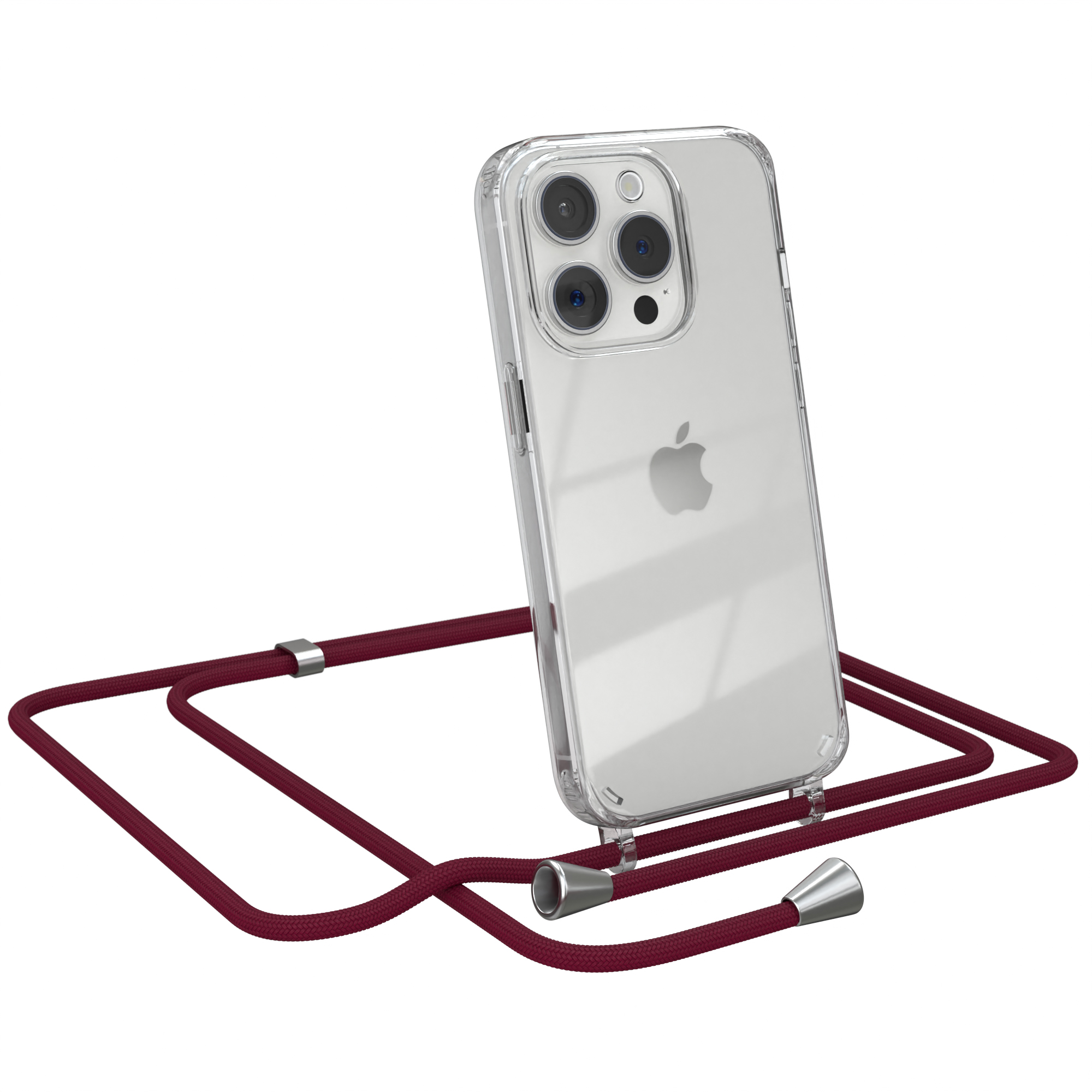 Transparente Handyhülle mit rotem Band. Das Telefon hat drei Kameras und ein silbernes Apple-Logo.