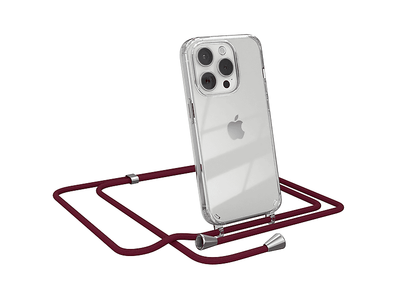 EAZY CASE Clear Cover mit Umhängeband, Umhängetasche, Apple, iPhone 15 Pro, Bordeaux Rot / Clips Silber