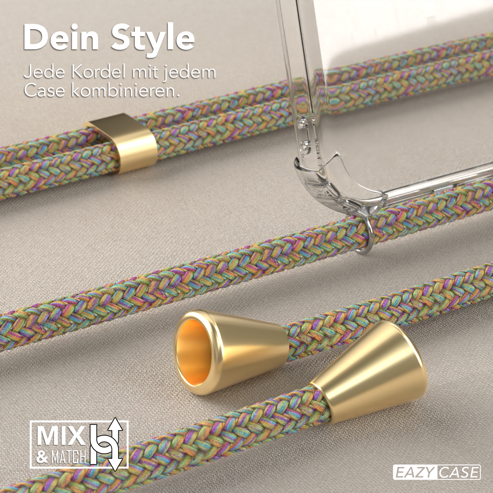 Nahaufnahme eines geflochtenen Lanyards mit goldenen Akzenten und einer transparenten Handyhülle.