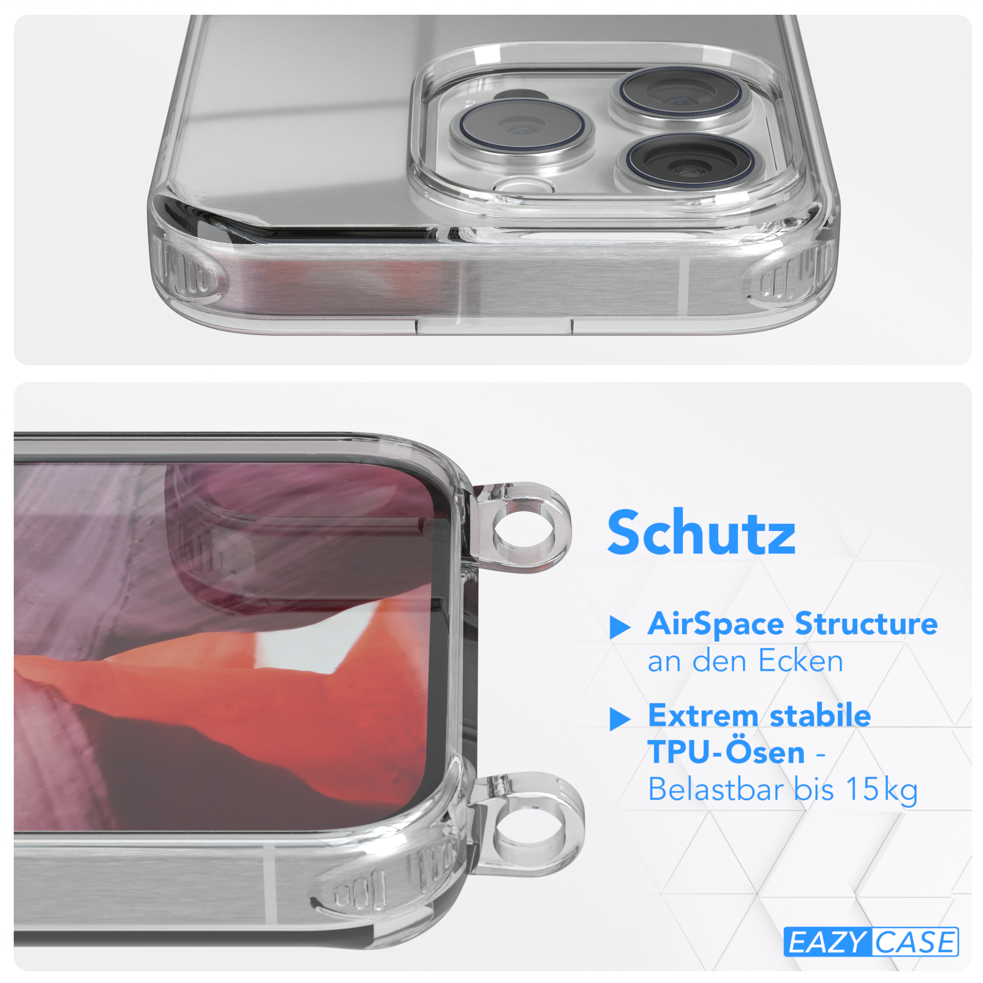 / 15 CASE Apple, Bordeaux Cover EAZY Pro, Rot iPhone mit Umhängeband, Silber Clear Umhängetasche, Clips