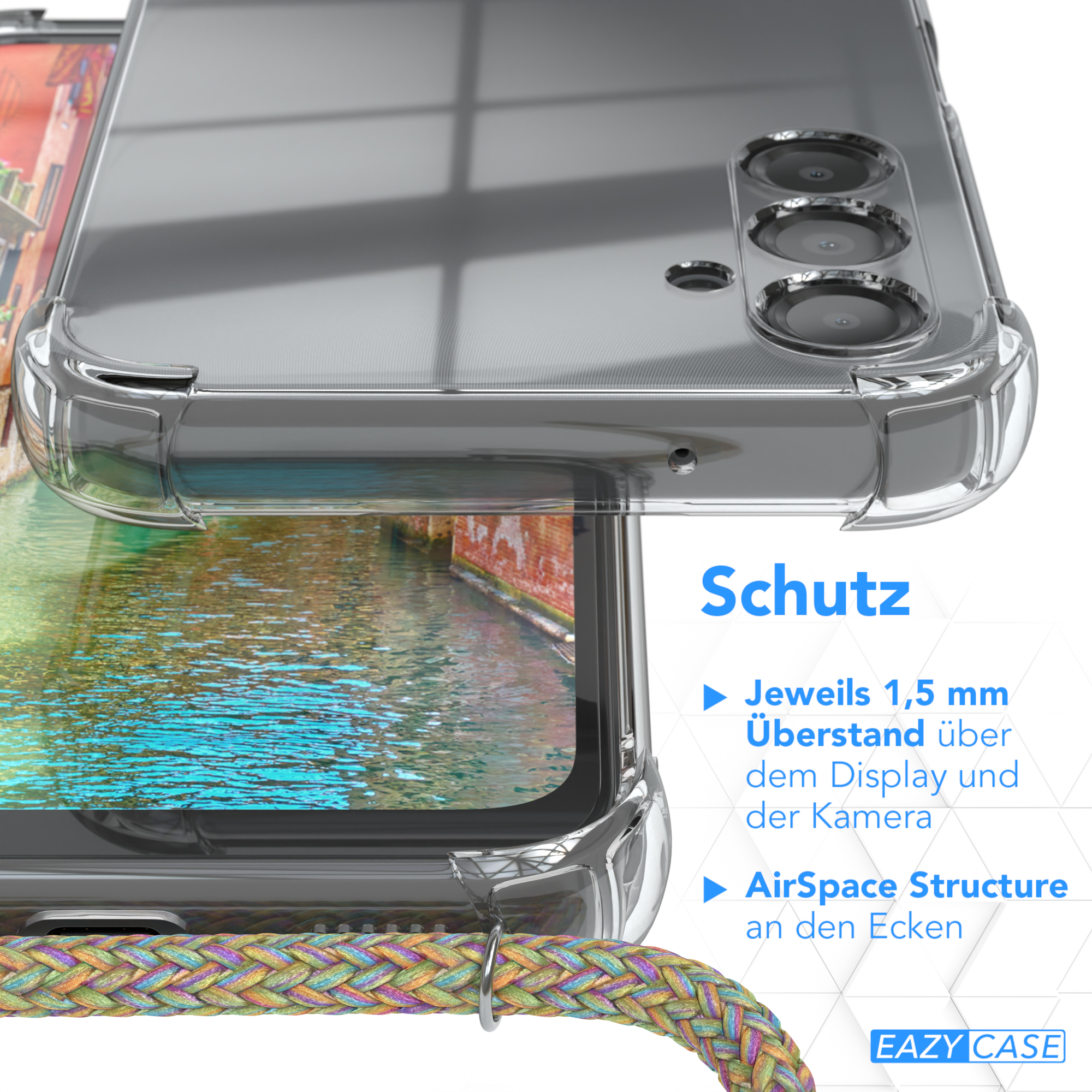 EAZY CASE Clear Cover mit Umhängeband, Galaxy Gold Umhängetasche, Bunt Samsung, 5G, / Clips A14