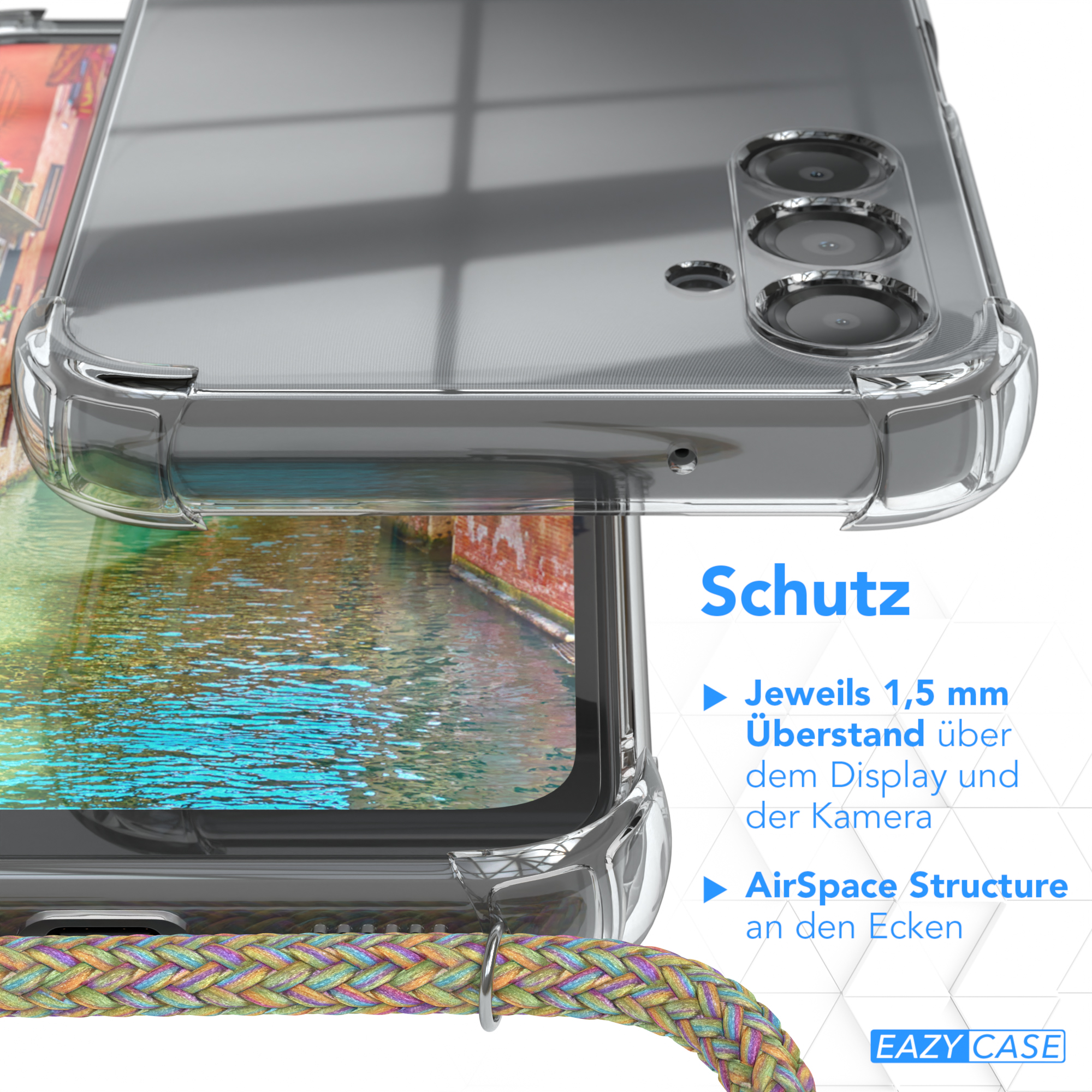 Nahaufnahme der Handyhülle mit Landschaft im Hintergrund. Text: Schutz, AirSpace Structure und mehr.