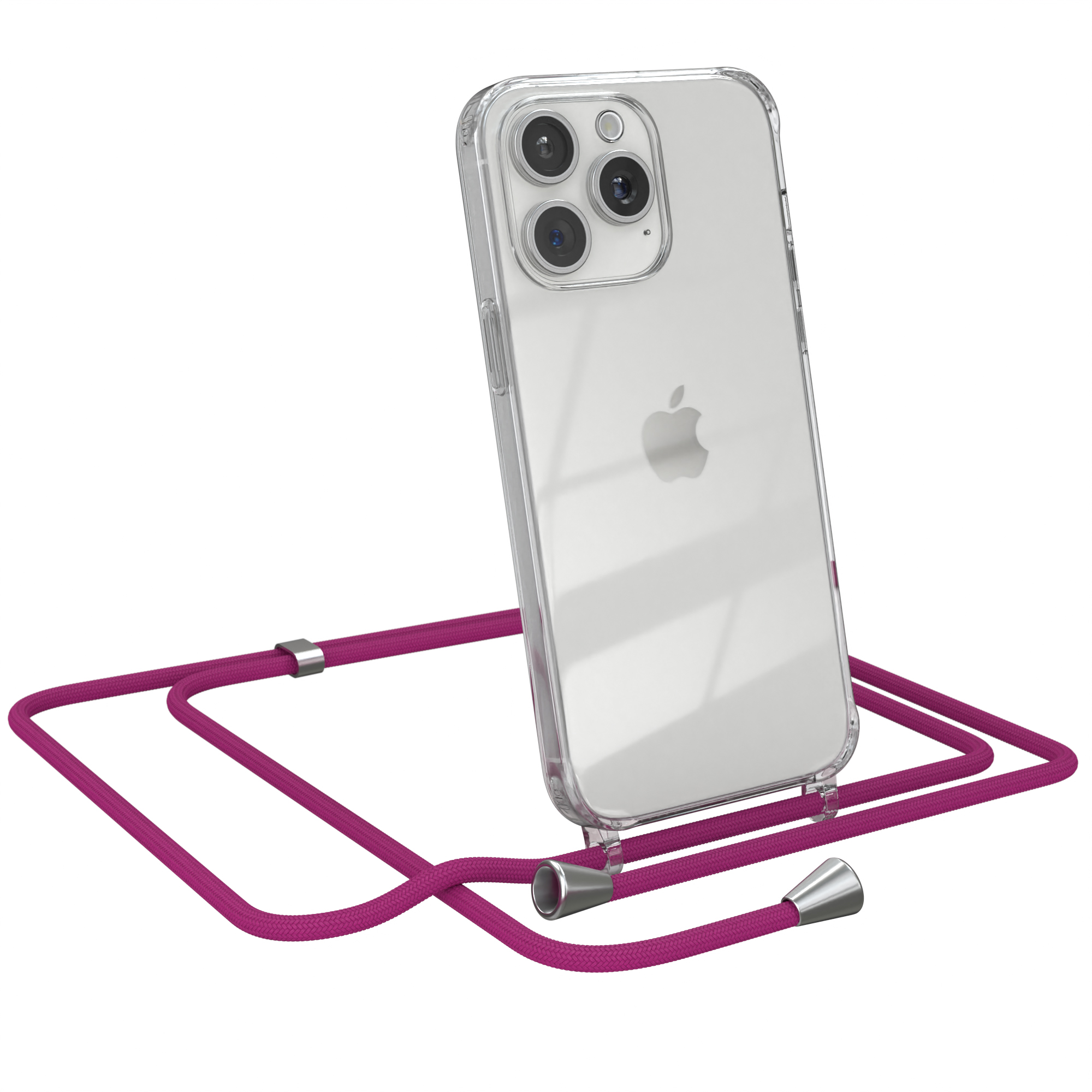 Transparente Handyhülle mit pinkfarbenem Riemen, Apple-Telefon. Weißer Hintergrund.