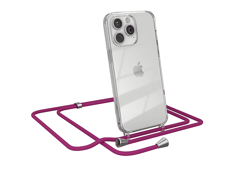 EAZY CASE Clear Cover mit Umhängeband, Umhängetasche, Apple, iPhone 15 Pro Max, Pink / Clips Silber
