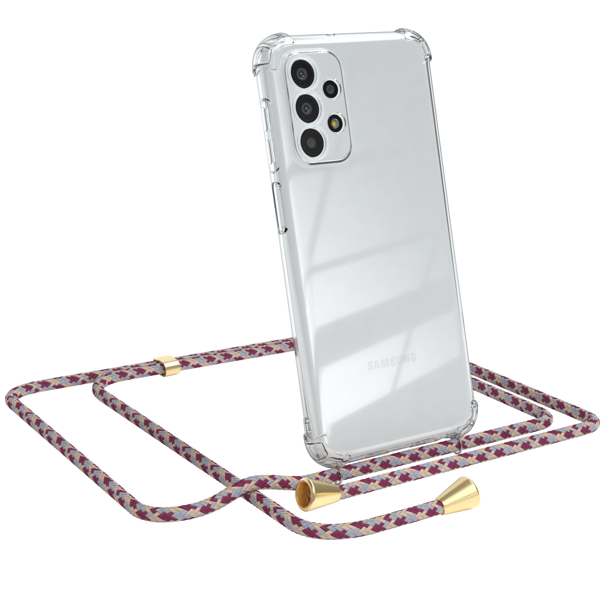 Transparente Handyhülle mit weinrotem Umhängeband. Samsung-Telefon sichtbar. Goldakzente. Weißer Hintergrund.