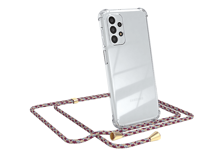 EAZY CASE Clear Cover mit Umhängeband, Umhängetasche, Samsung, Galaxy A23 5G, Rot Beige Camouflage / Clips Gold