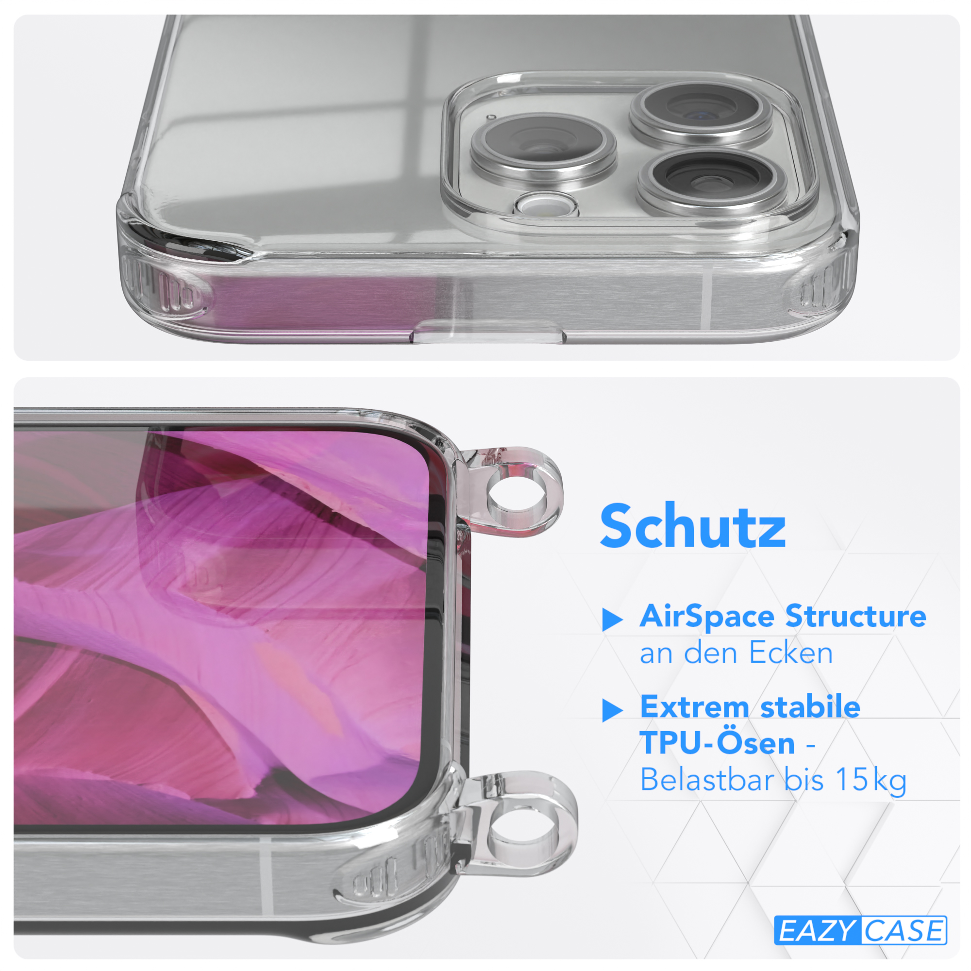 Clear CASE Pink Pro Cover iPhone Umhängetasche, 15 / Apple, Silber Max, Clips EAZY mit Umhängeband,