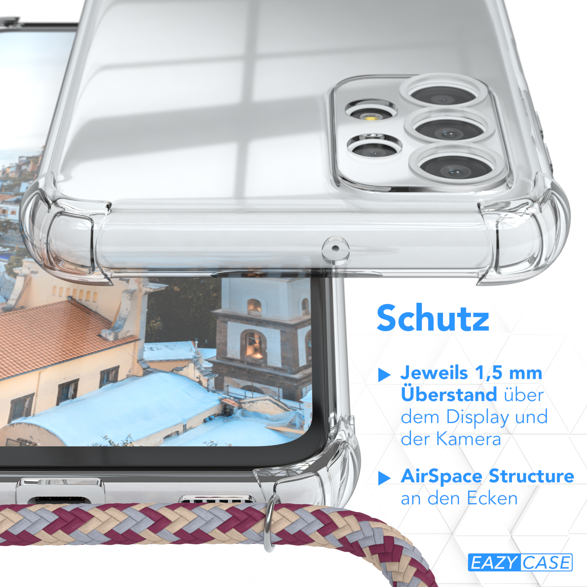 Transparente Handyhülle auf einem Handy mit Text, der Schutzfunktionen beschreibt.
