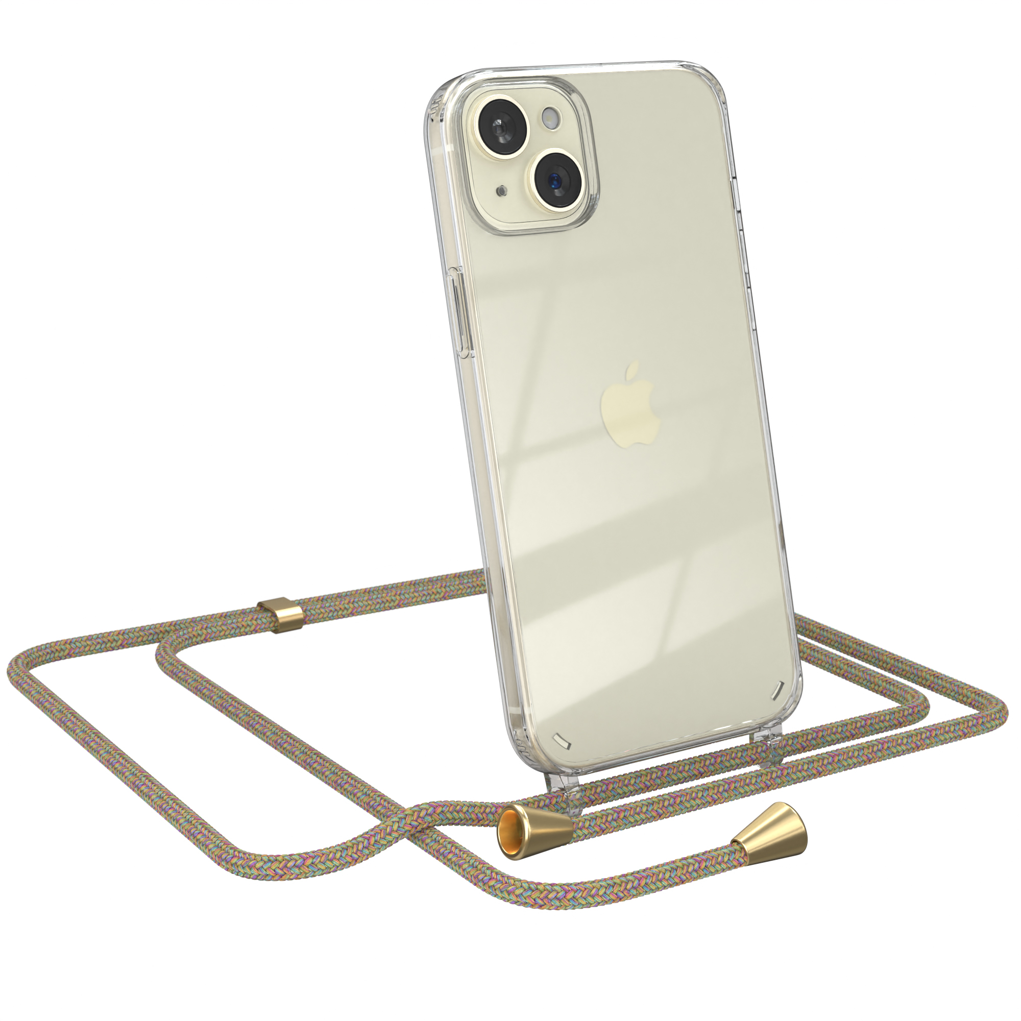 EAZY CASE Clear Cover mit Umhängeband, Gold Plus, Bunt 15 Clips / Umhängetasche, iPhone Apple