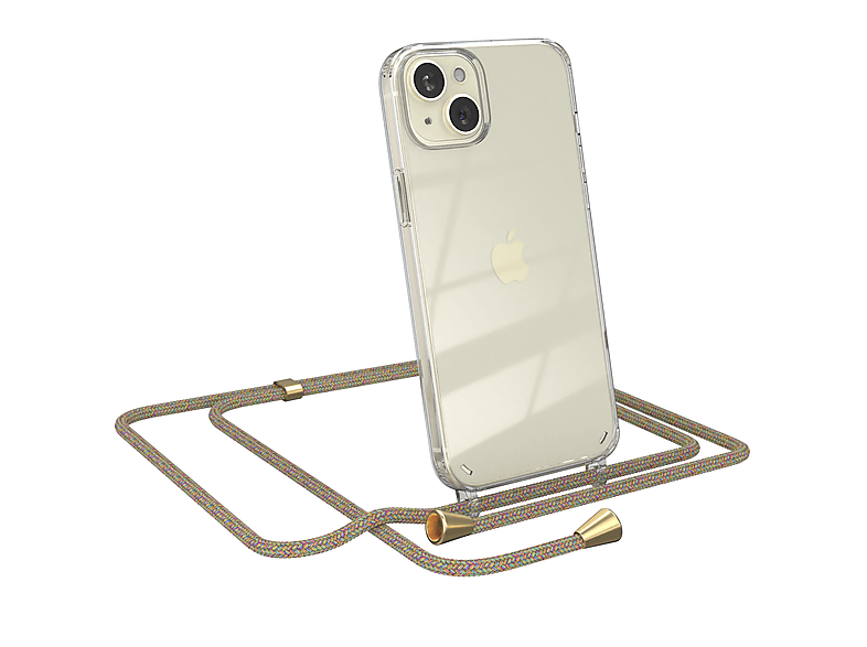 EAZY CASE Clear Cover mit Umhängeband, Umhängetasche, Apple, iPhone 15 Plus, Bunt / Clips Gold