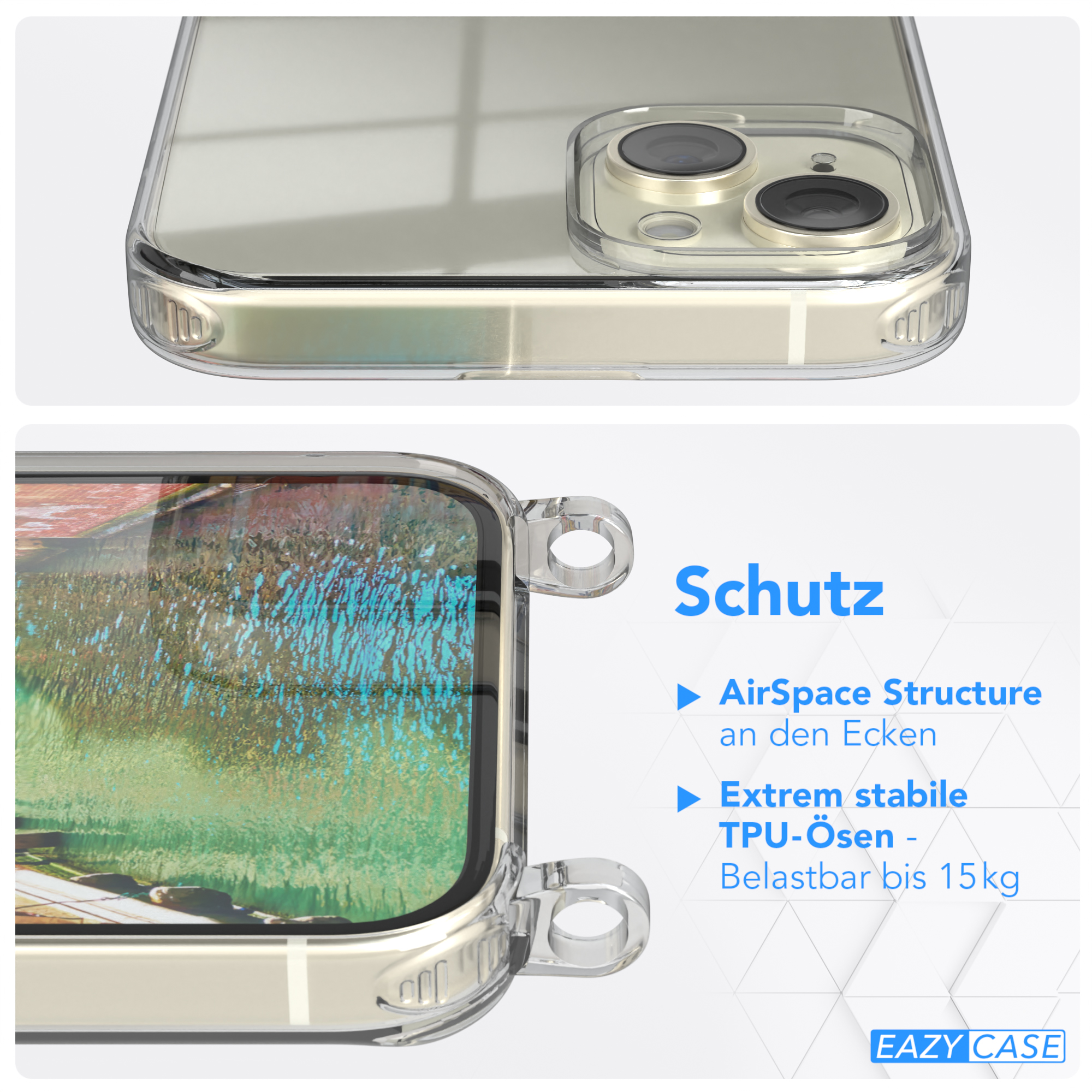 EAZY CASE Clear Cover mit Umhängeband, Gold Plus, Bunt 15 Clips / Umhängetasche, iPhone Apple