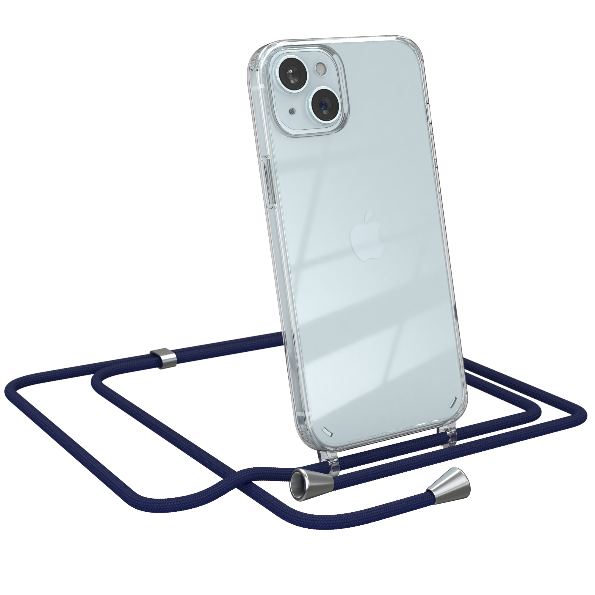 Transparente Handyhülle mit blauem iPhone und blauem Handystrap. Der Strap hat silberfarbene Enden.